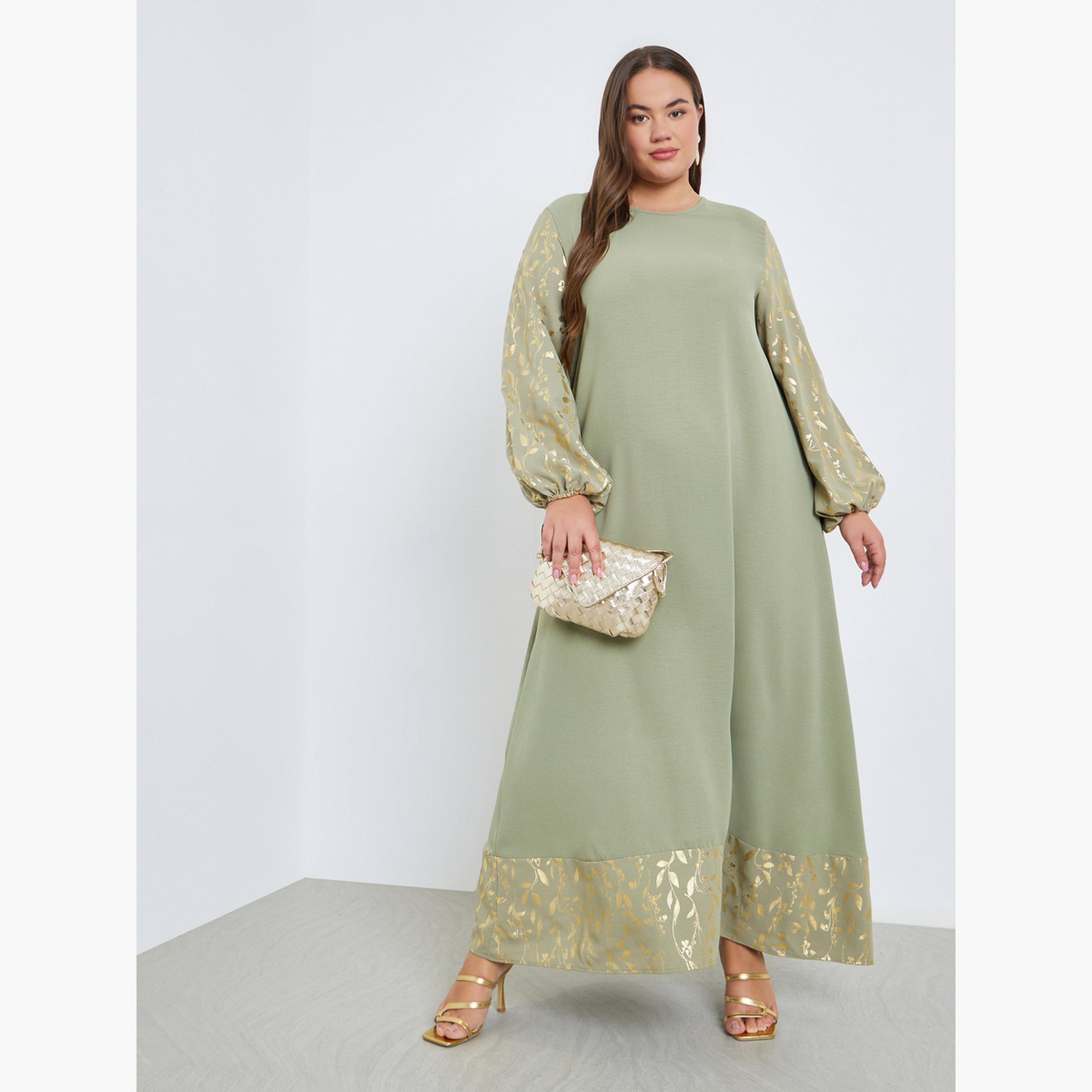 Styli Plus Size Foil Print Balloon Sleeve Jalabiya-women-arabicclothing-jalabiyas-image-3