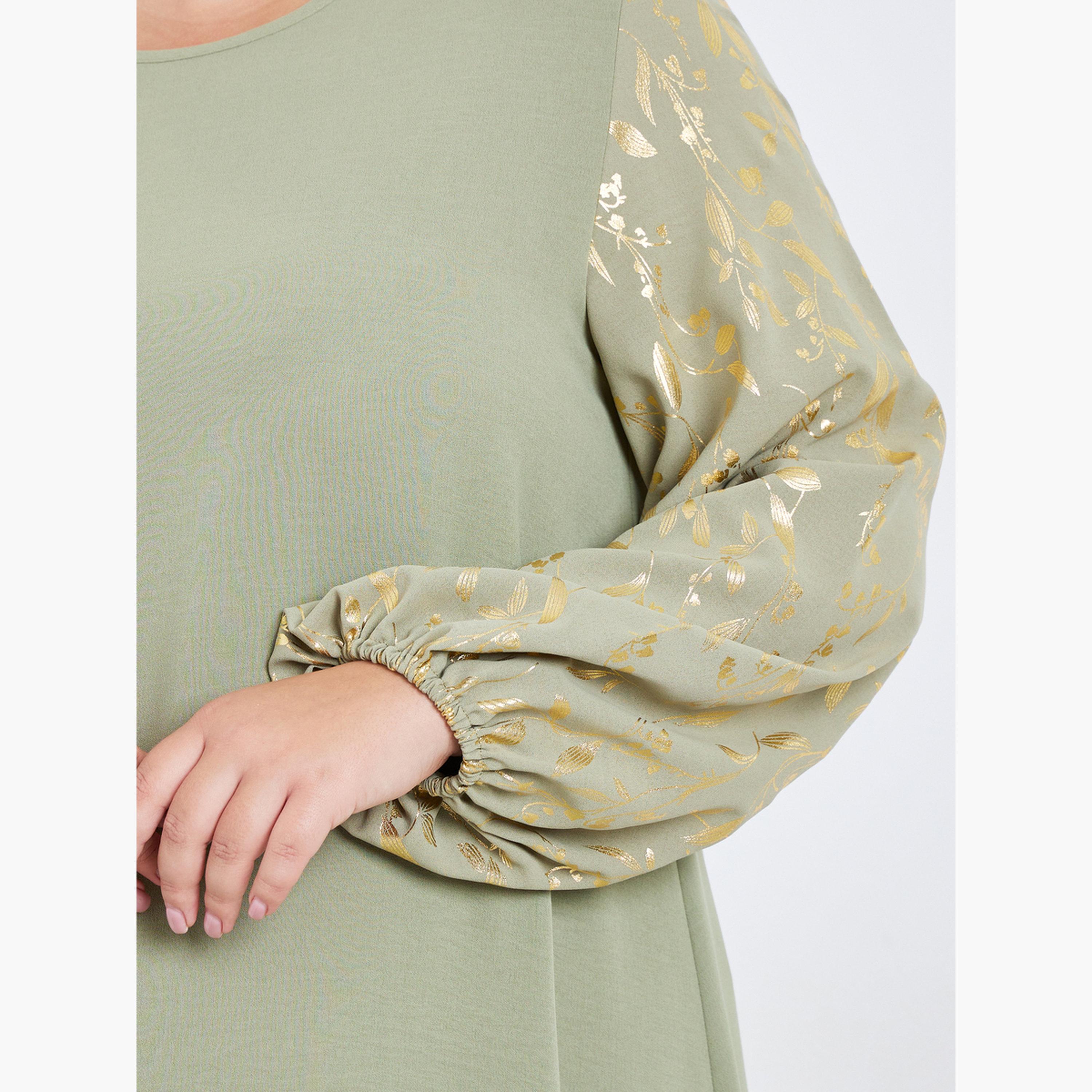 Styli Plus Size Foil Print Balloon Sleeve Jalabiya-women-arabicclothing-jalabiyas-image-4