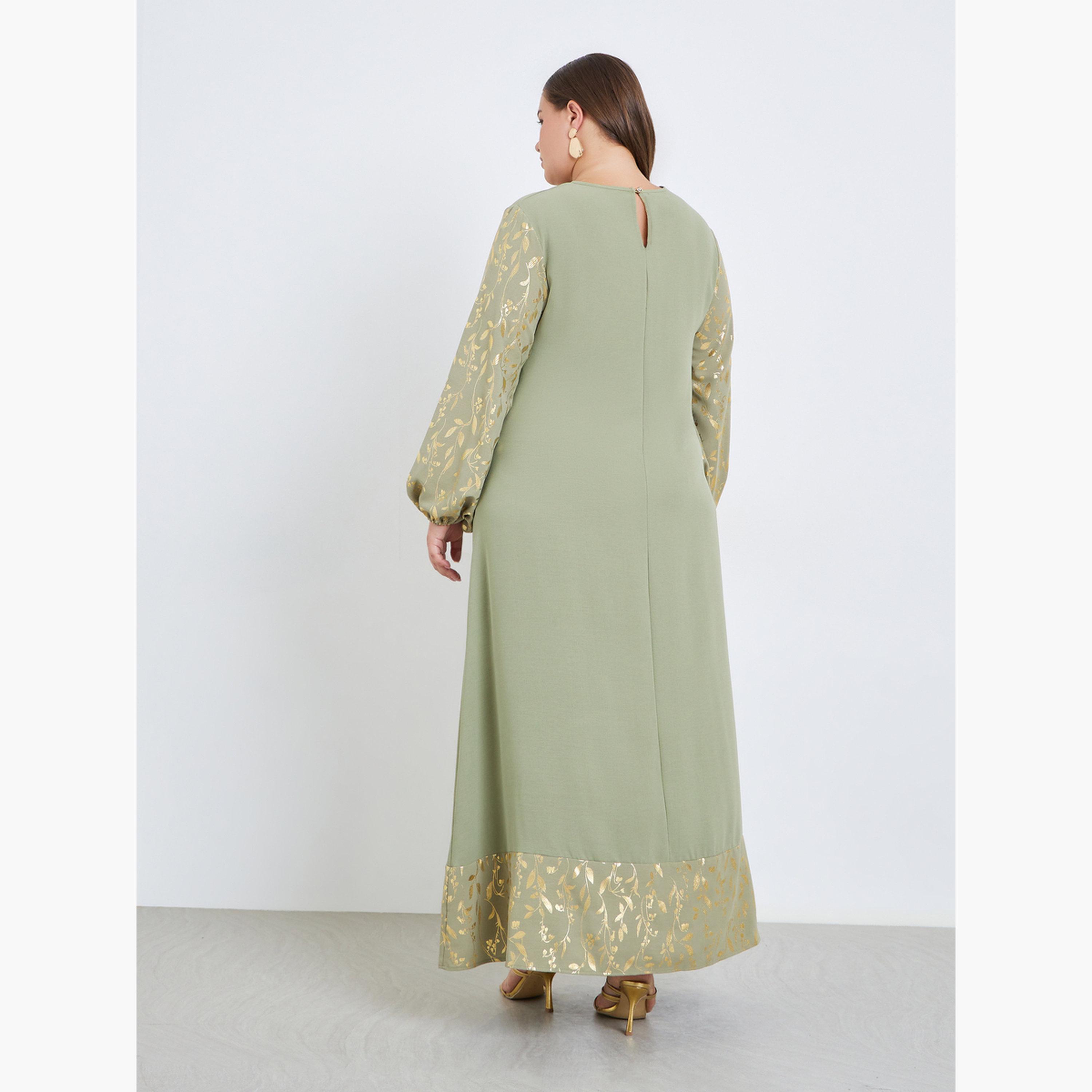 Styli Plus Size Foil Print Balloon Sleeve Jalabiya-women-arabicclothing-jalabiyas-image-5