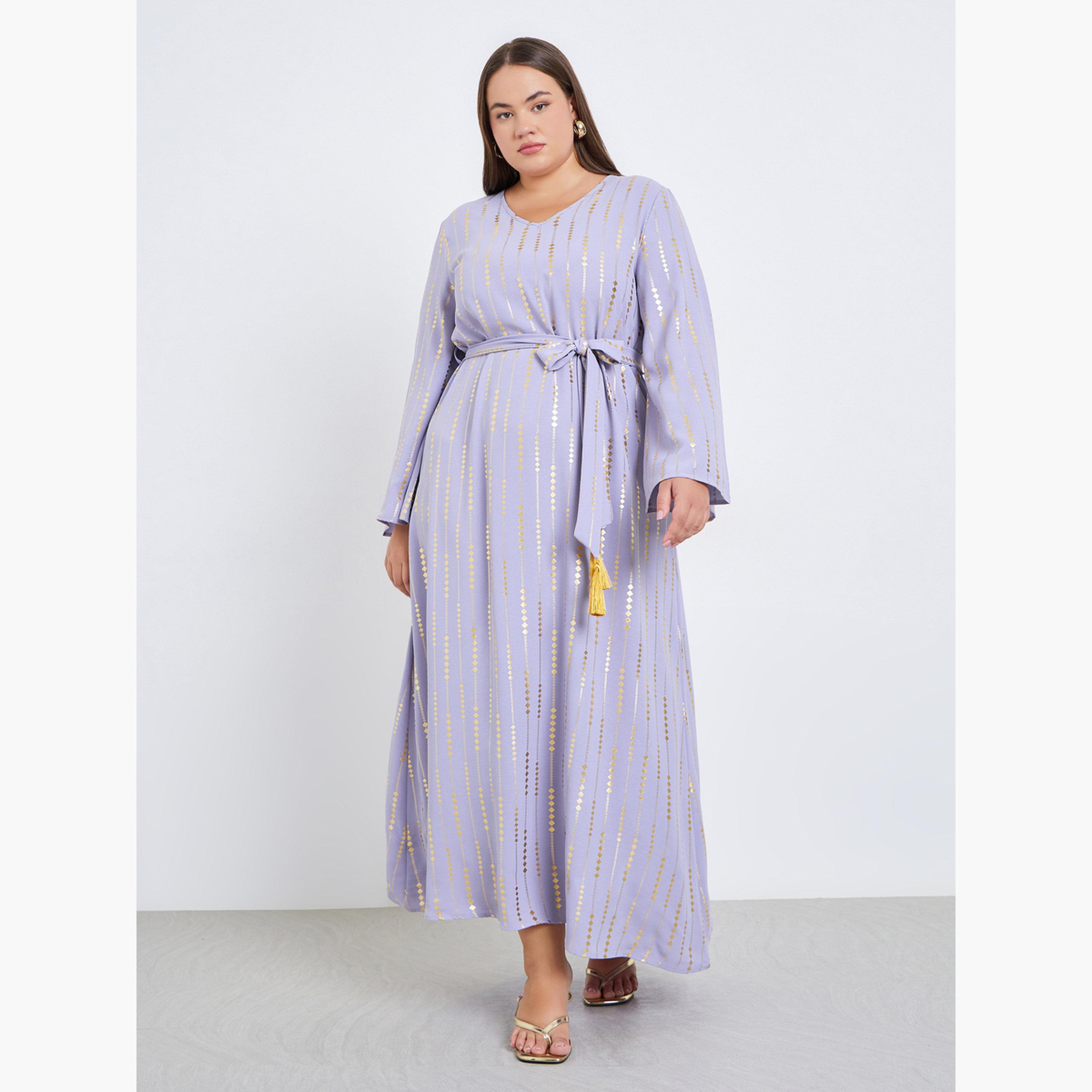 Styli Plus Size Foil Print Waist-Tie Maxi Jalabiya-women-arabicclothing-jalabiyas-image-1