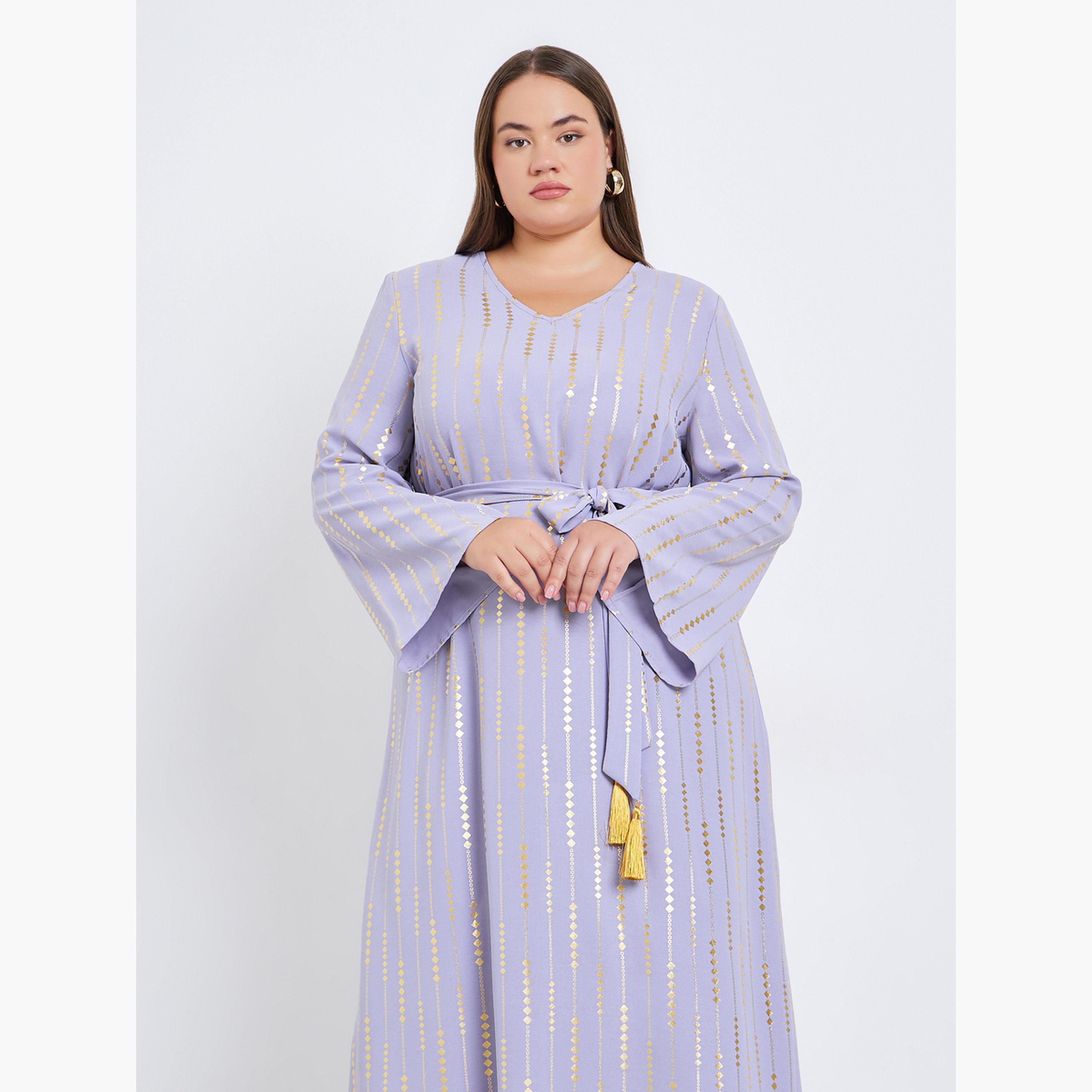 Styli Plus Size Foil Print Waist-Tie Maxi Jalabiya-women-arabicclothing-jalabiyas-image-2