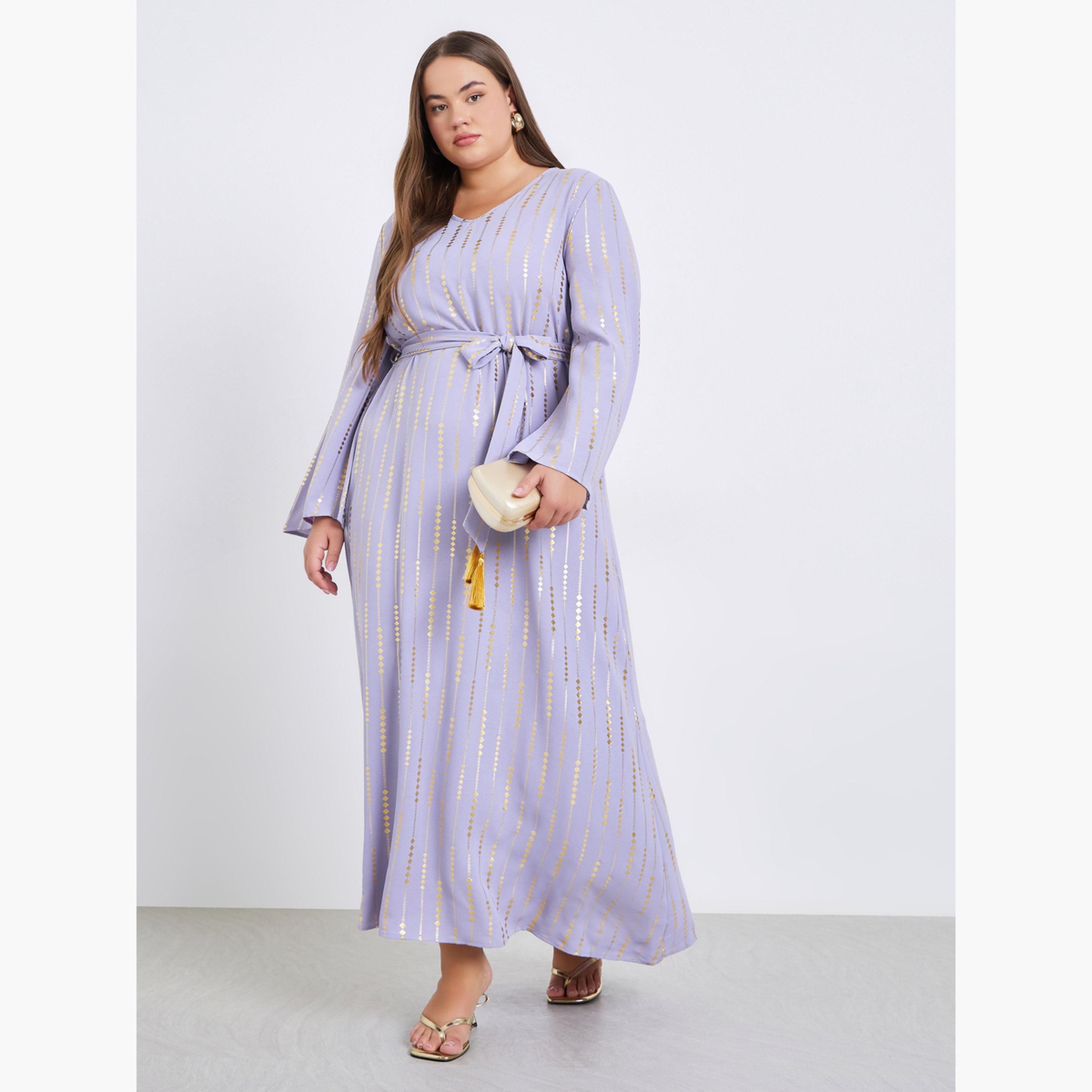 Styli Plus Size Foil Print Waist-Tie Maxi Jalabiya-women-arabicclothing-jalabiyas-image-3