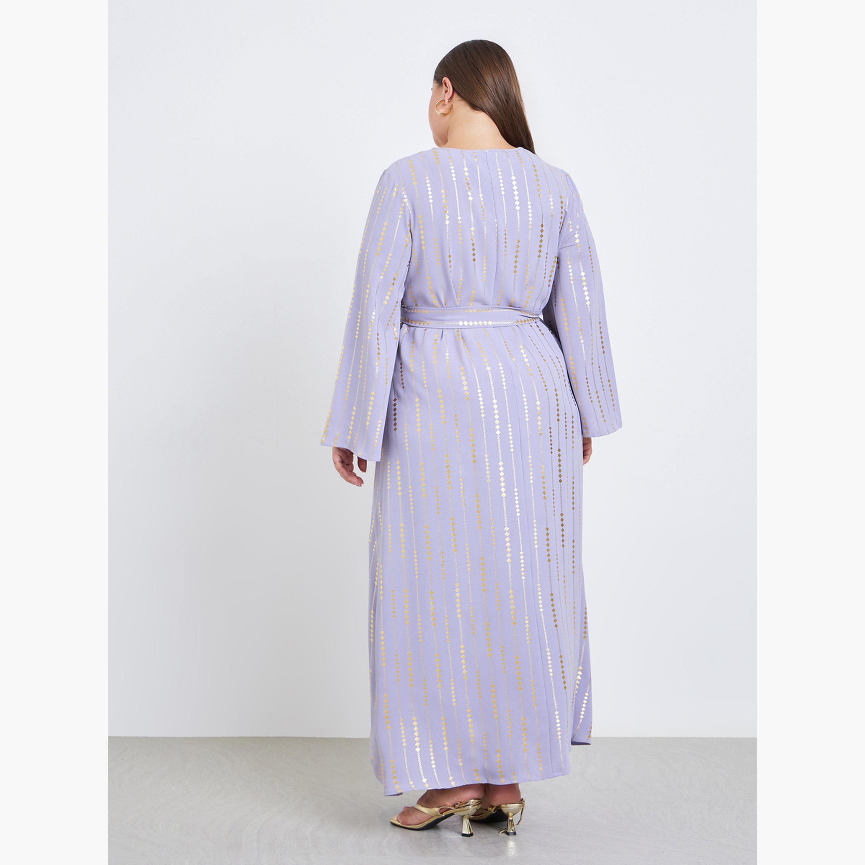 Styli Plus Size Foil Print Waist-Tie Maxi Jalabiya-women-arabicclothing-jalabiyas-image-5