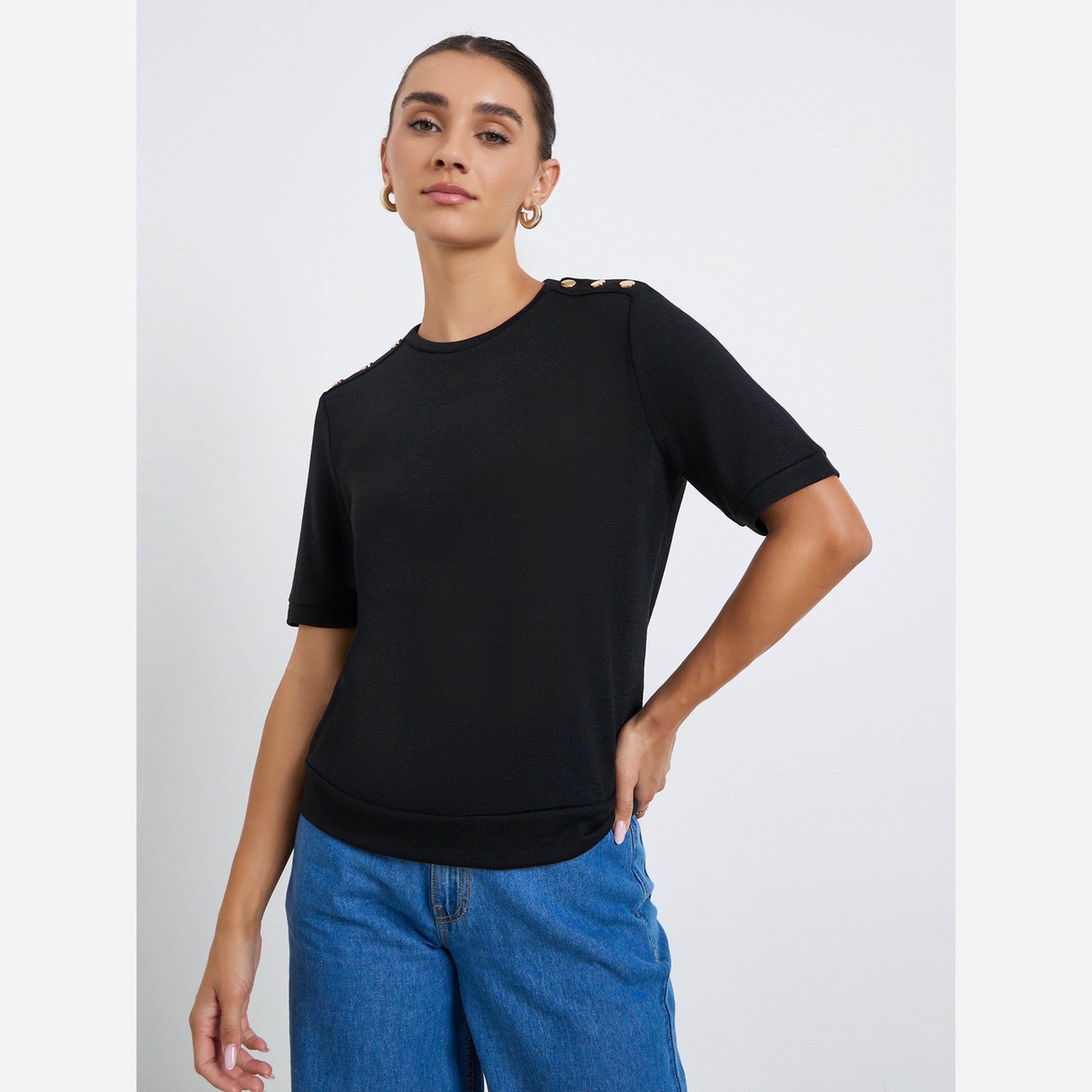 Styli Women Black Knit T-Shirt with Shoulder Button-women-clothing-tshirts-image-1