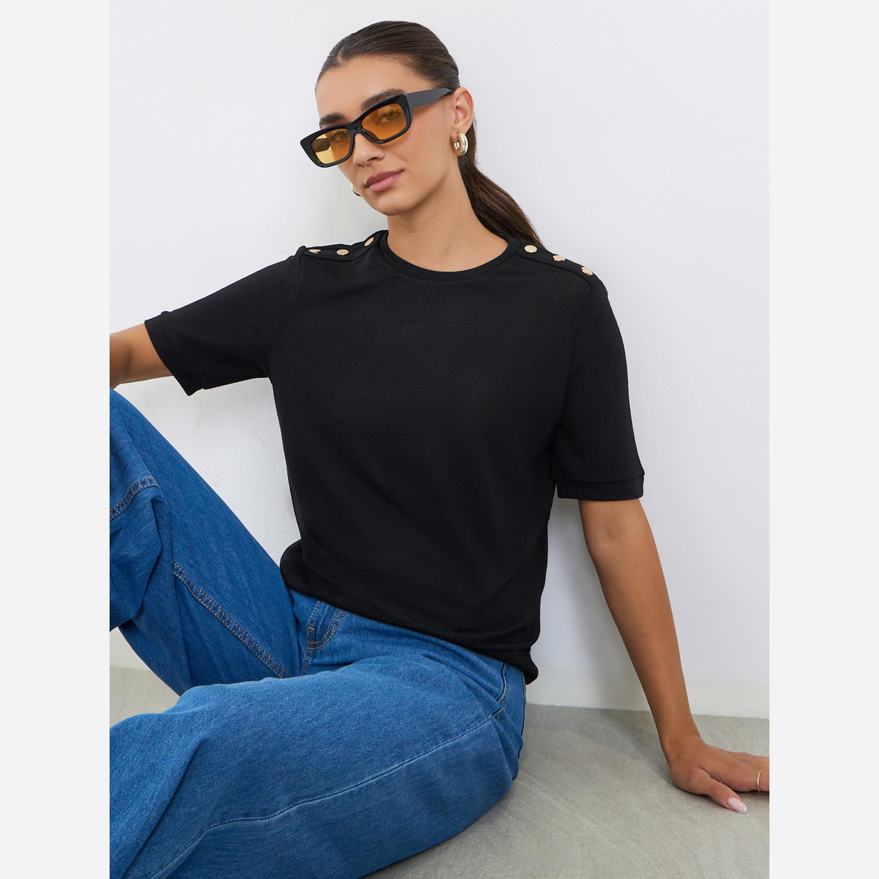 Styli Women Black Knit T-Shirt with Shoulder Button-women-clothing-tshirts-image-2