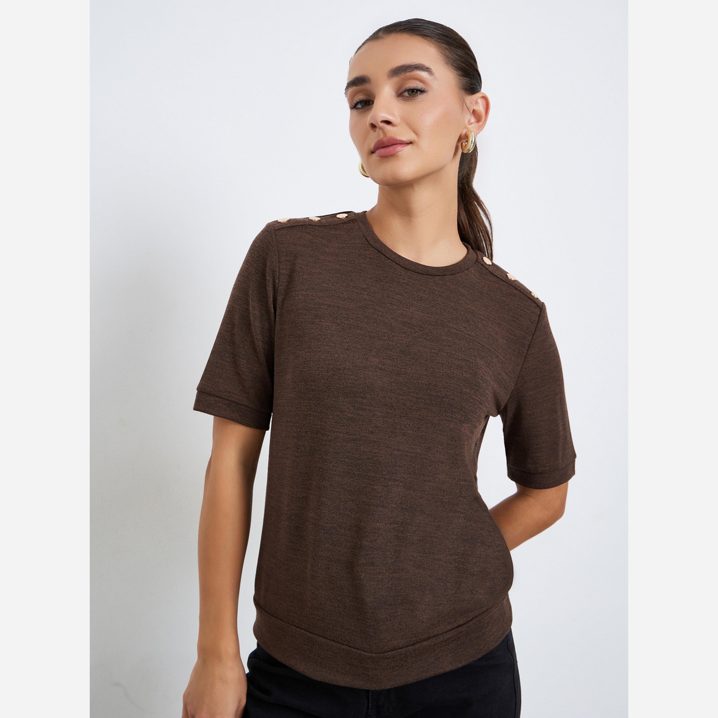 Styli Women Brown Knit T-Shirt with Shoulder Button-women-clothing-tshirts-image-1