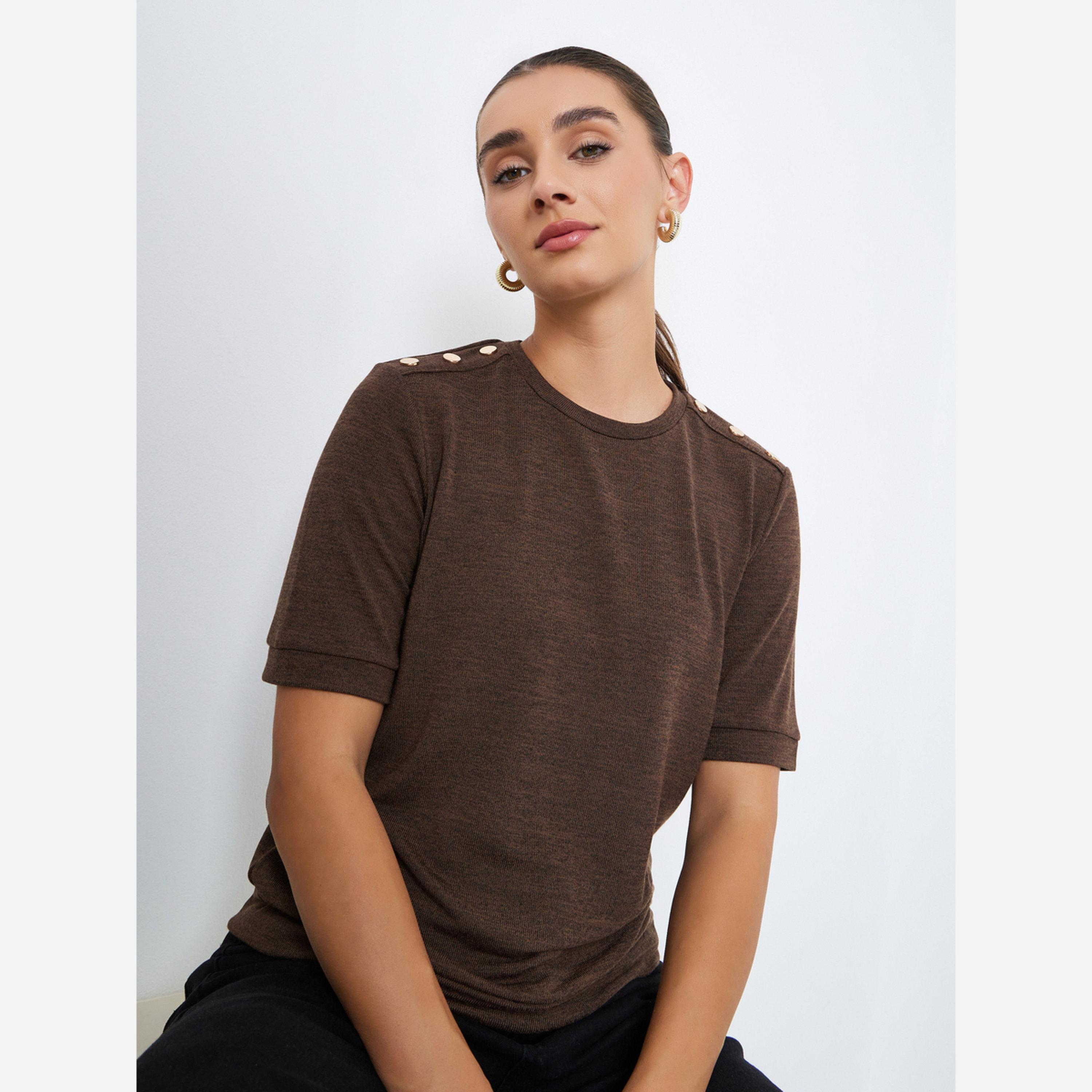 Styli Women Brown Knit T-Shirt with Shoulder Button-women-clothing-tshirts-image-3