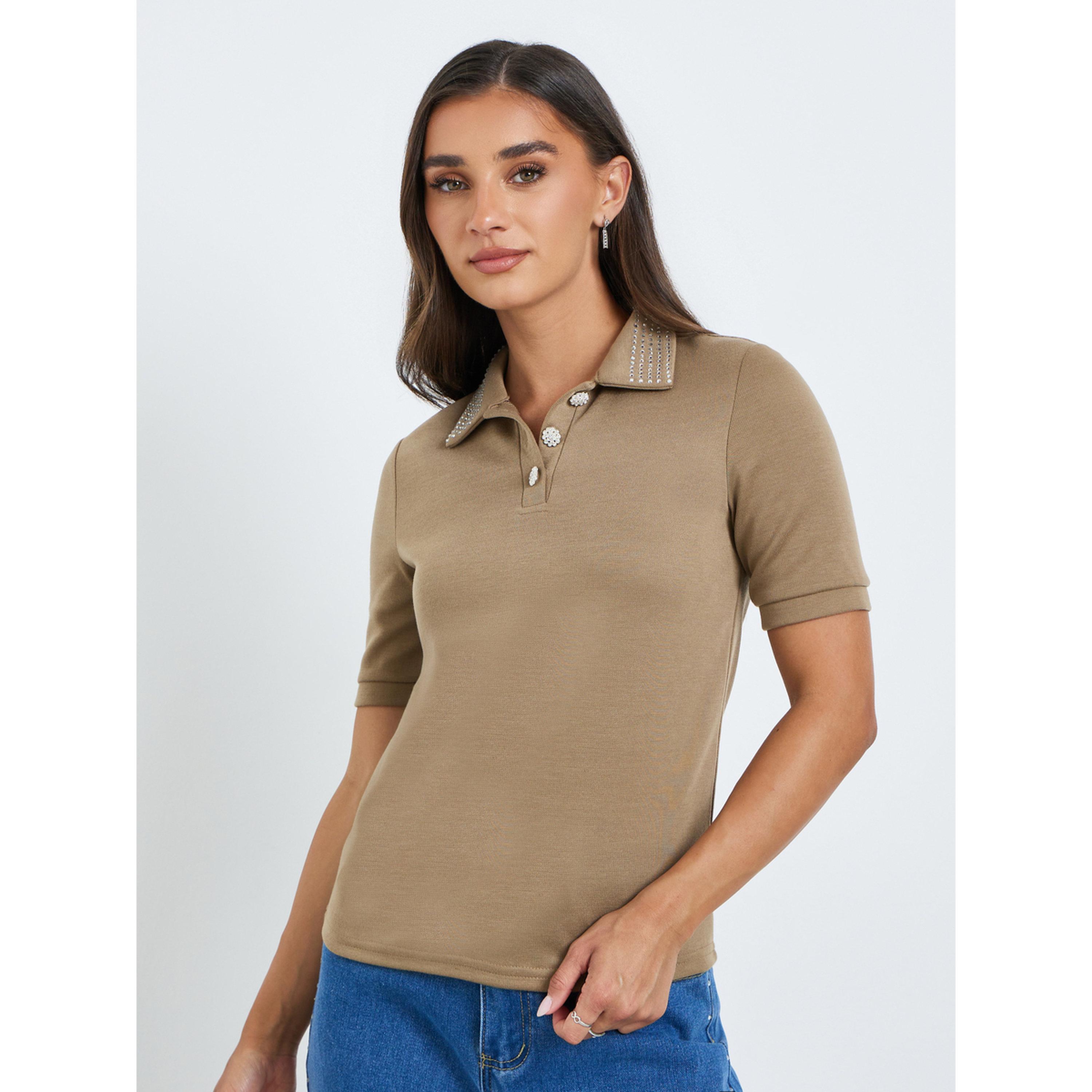 تيشيرت بولو بياقة مزينة للنساء-women-clothing-tshirts-image-1