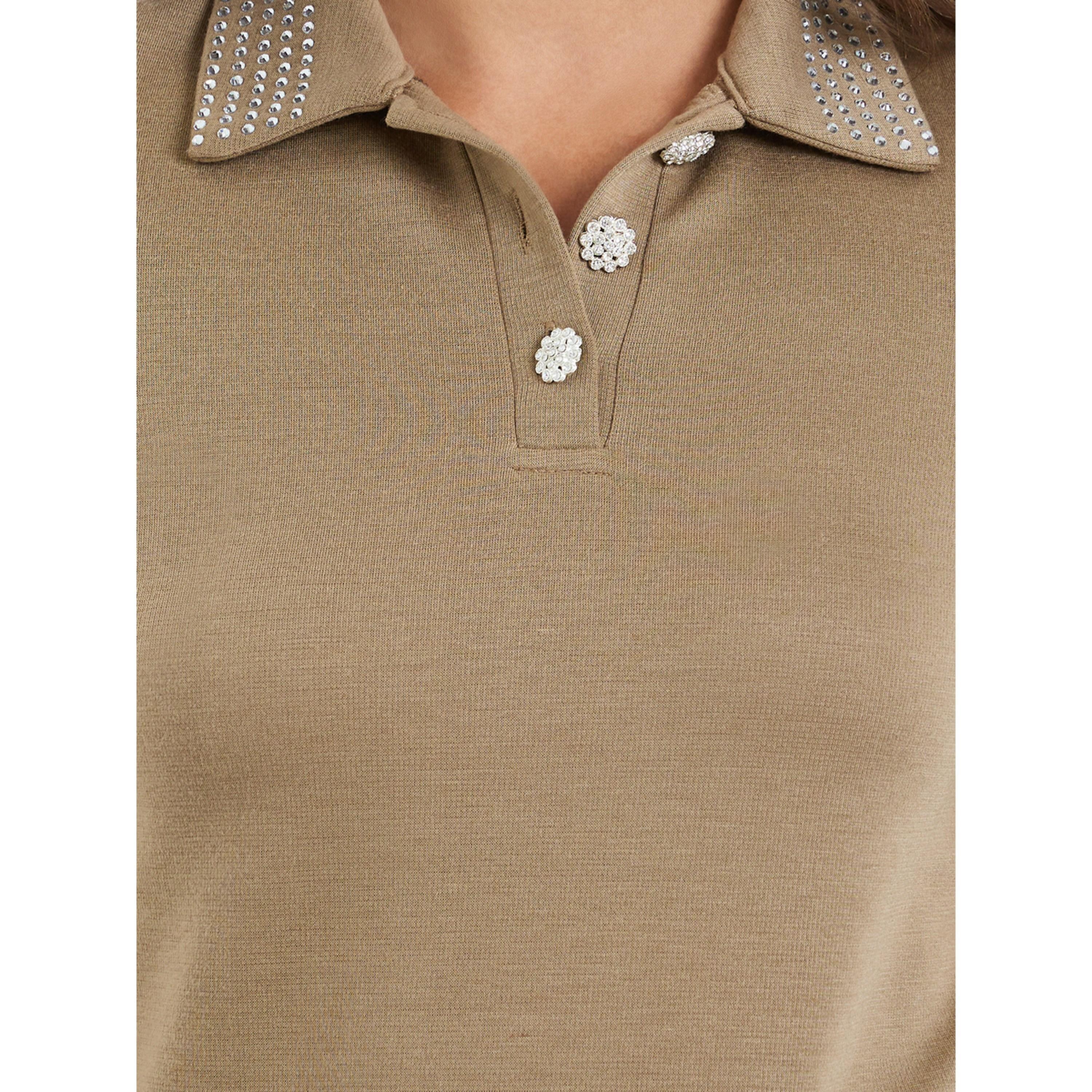 Styli Women Beige Embellished Collar Polo T-Shirt-women-clothing-tshirts-image-5