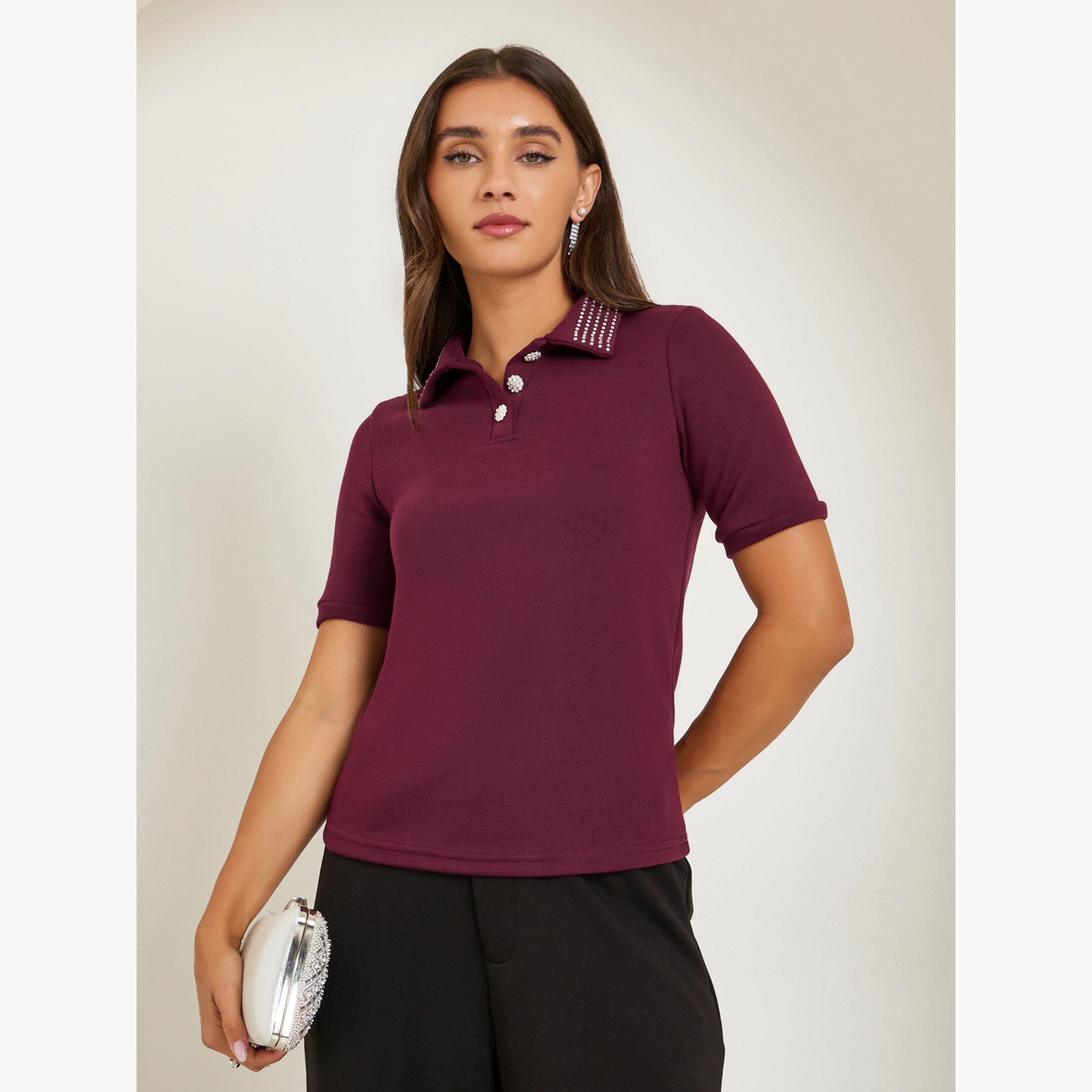 Styli Burgundy Embellished Collar Polo T-Shirt-women-clothing-tshirts-image-1