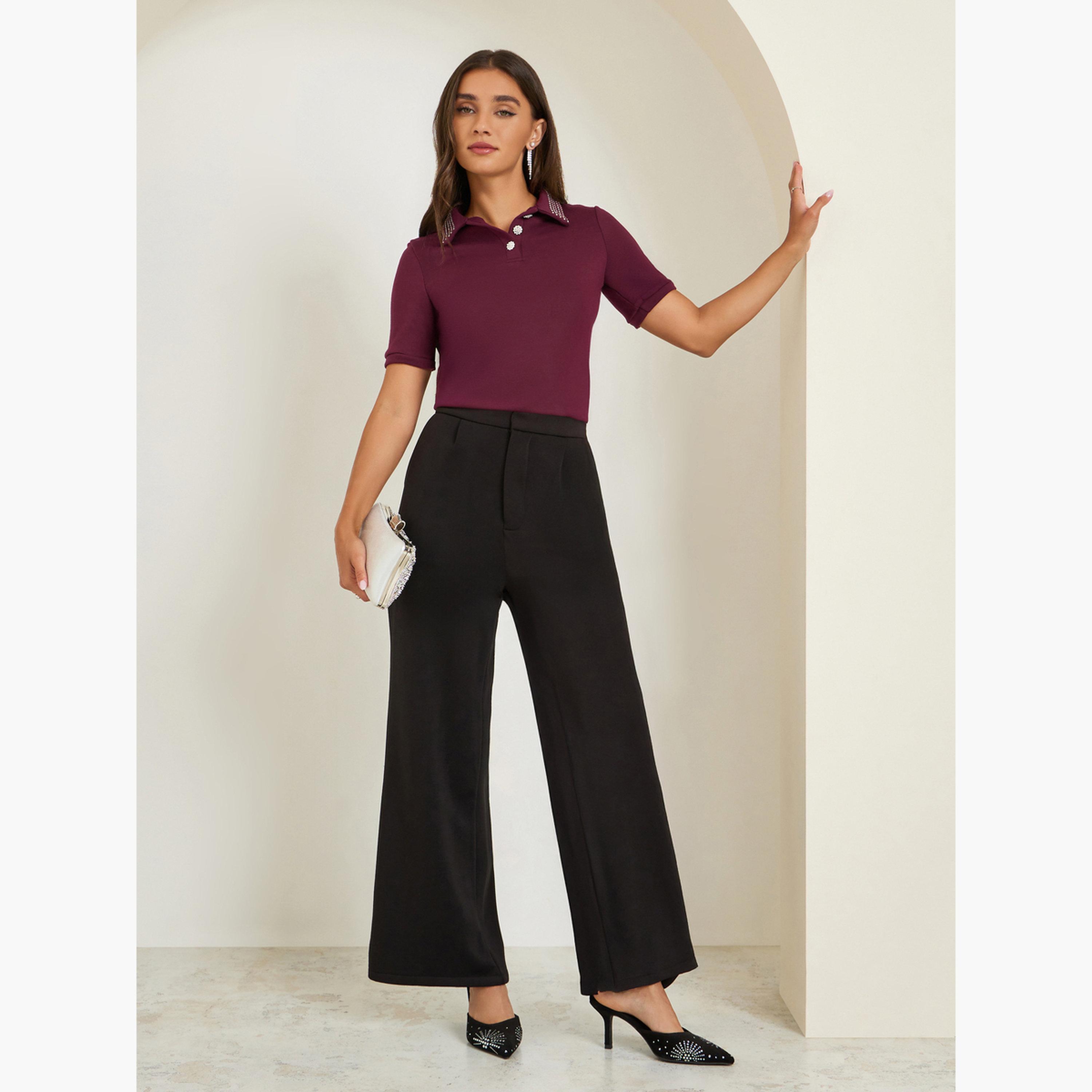 Styli Burgundy Embellished Collar Polo T-Shirt-women-clothing-tshirts-image-2
