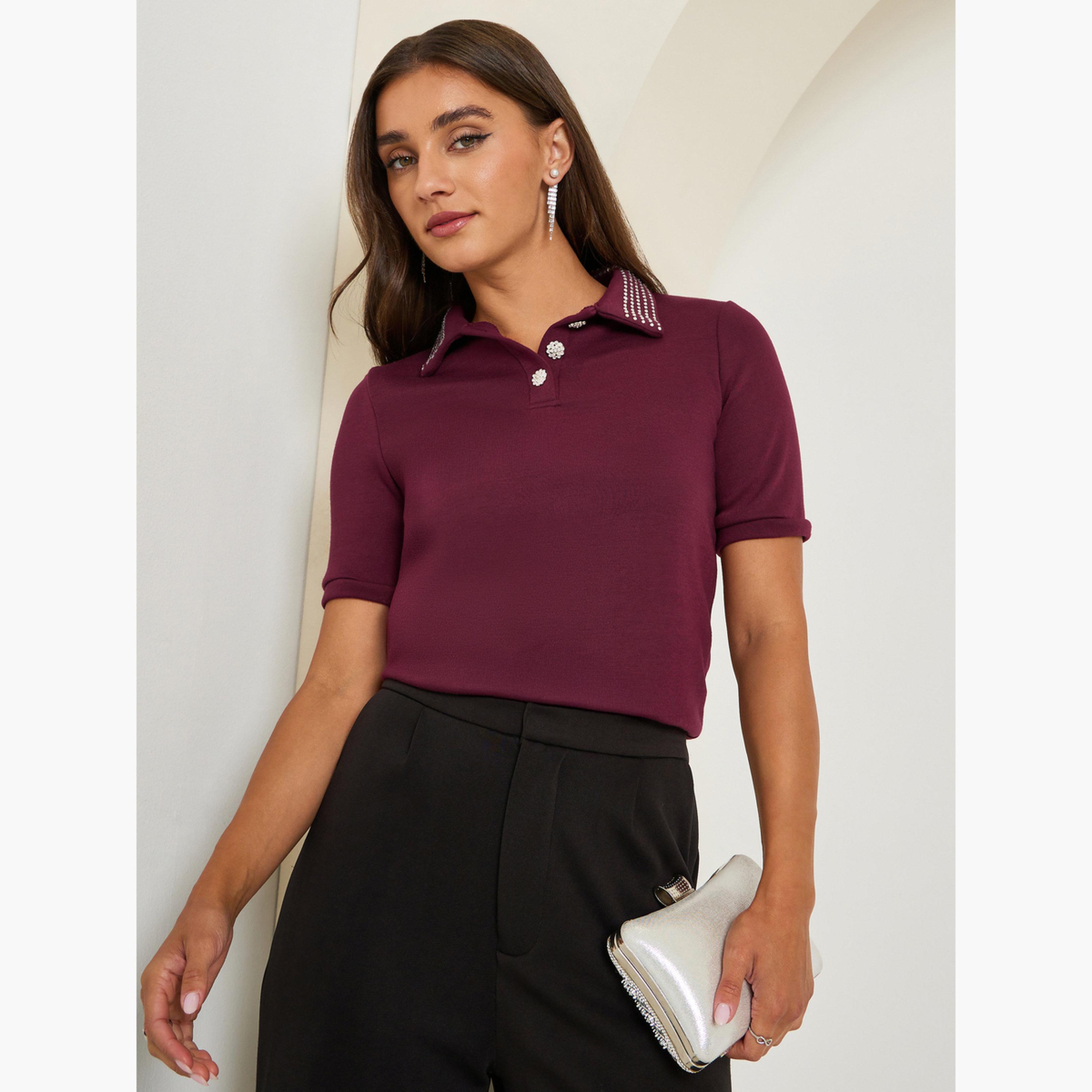 Styli Burgundy Embellished Collar Polo T-Shirt-women-clothing-tshirts-image-3
