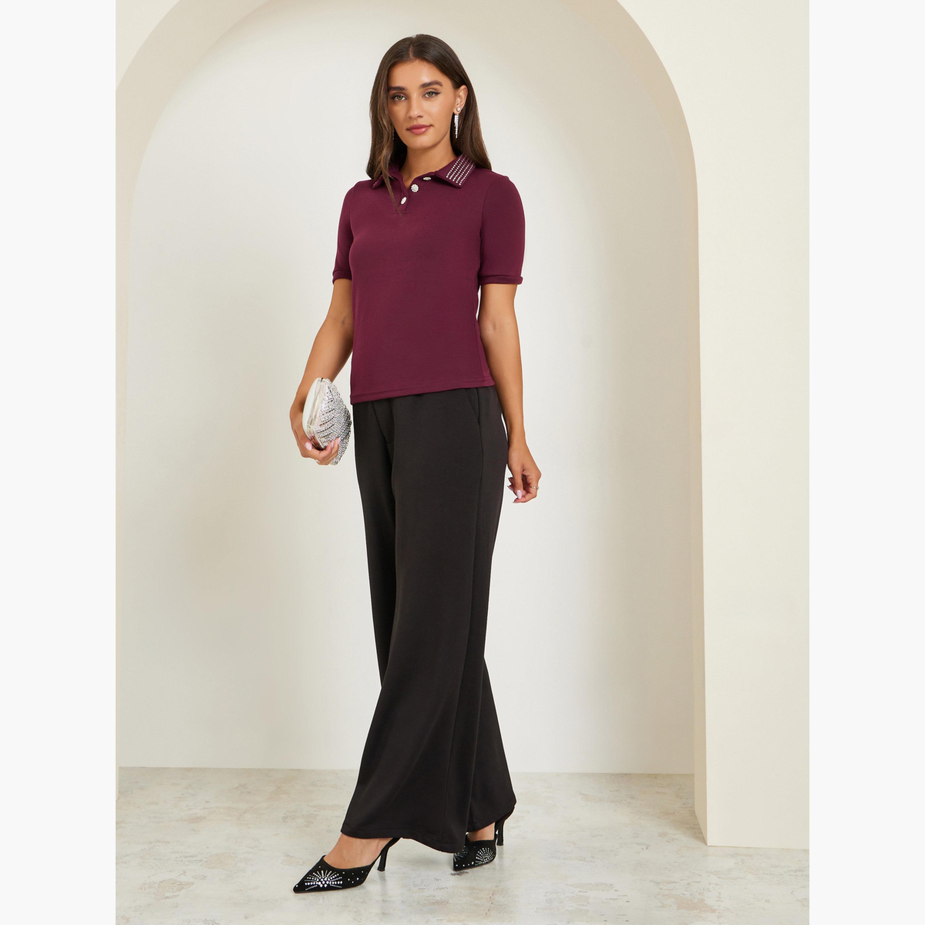 Styli Burgundy Embellished Collar Polo T-Shirt-women-clothing-tshirts-image-4