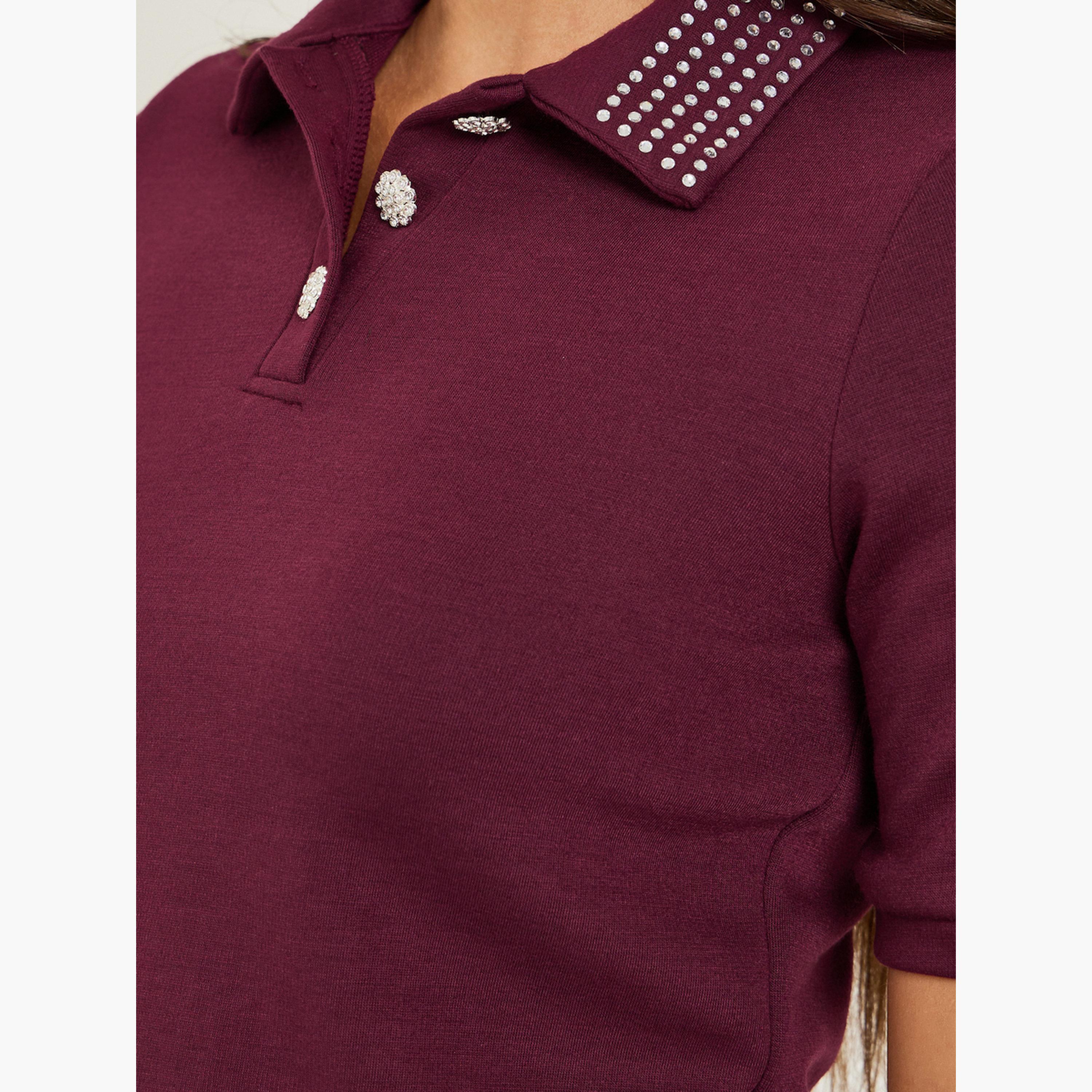 Styli Burgundy Embellished Collar Polo T-Shirt-women-clothing-tshirts-image-5
