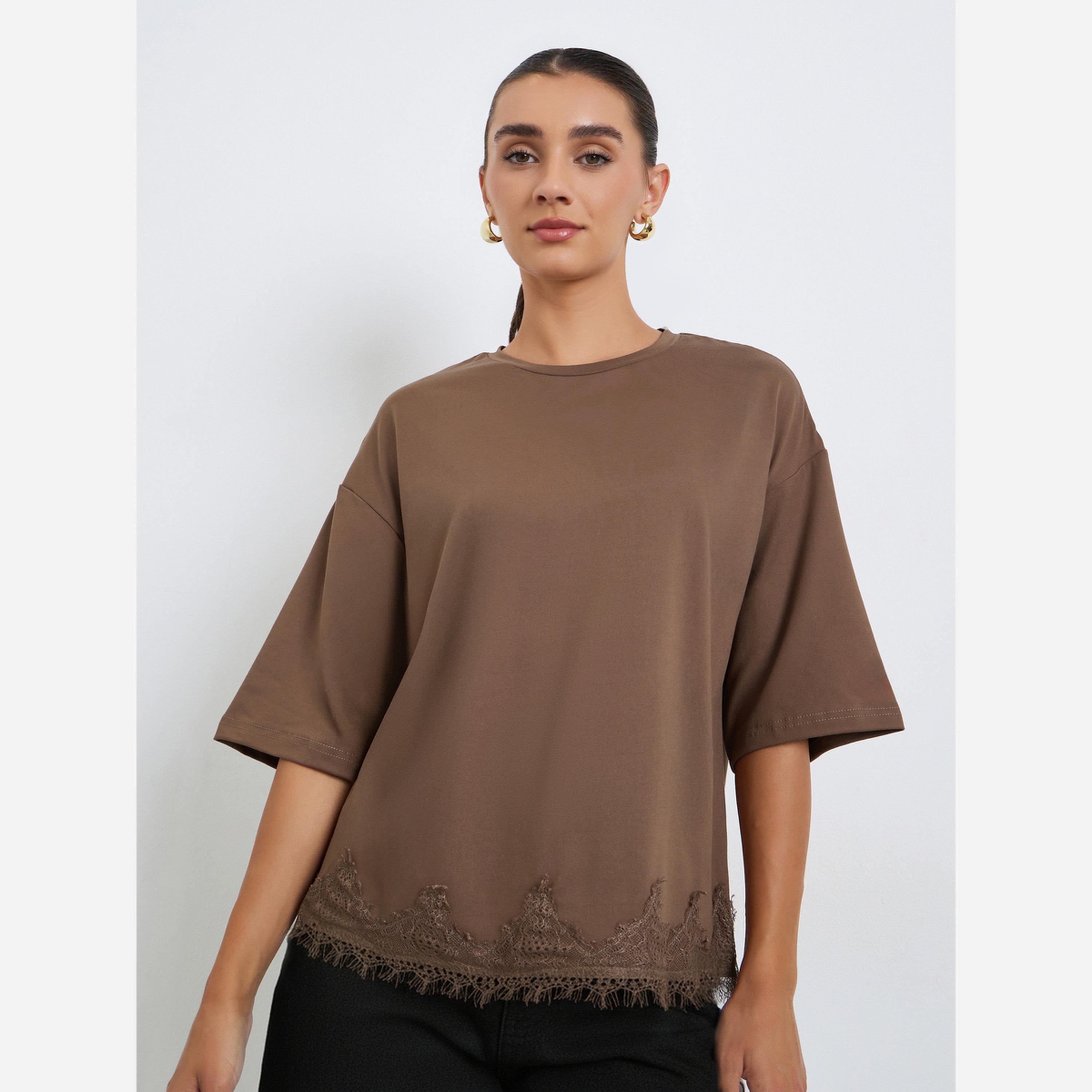 Styli Women Brown Lace Hem Oversized T-Shirt-women-clothing-tshirts-image-1