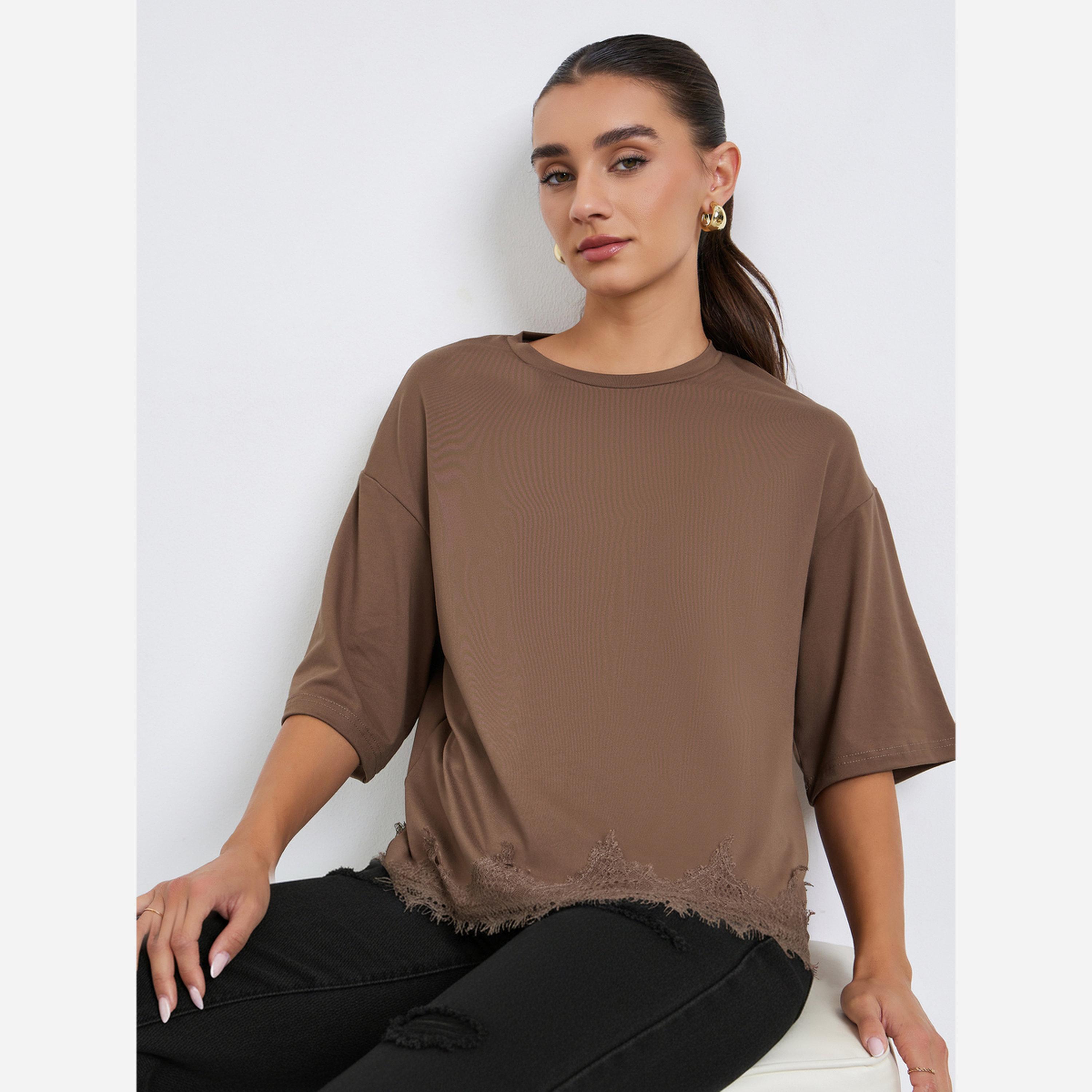 Styli Women Brown Lace Hem Oversized T-Shirt-women-clothing-tshirts-image-3