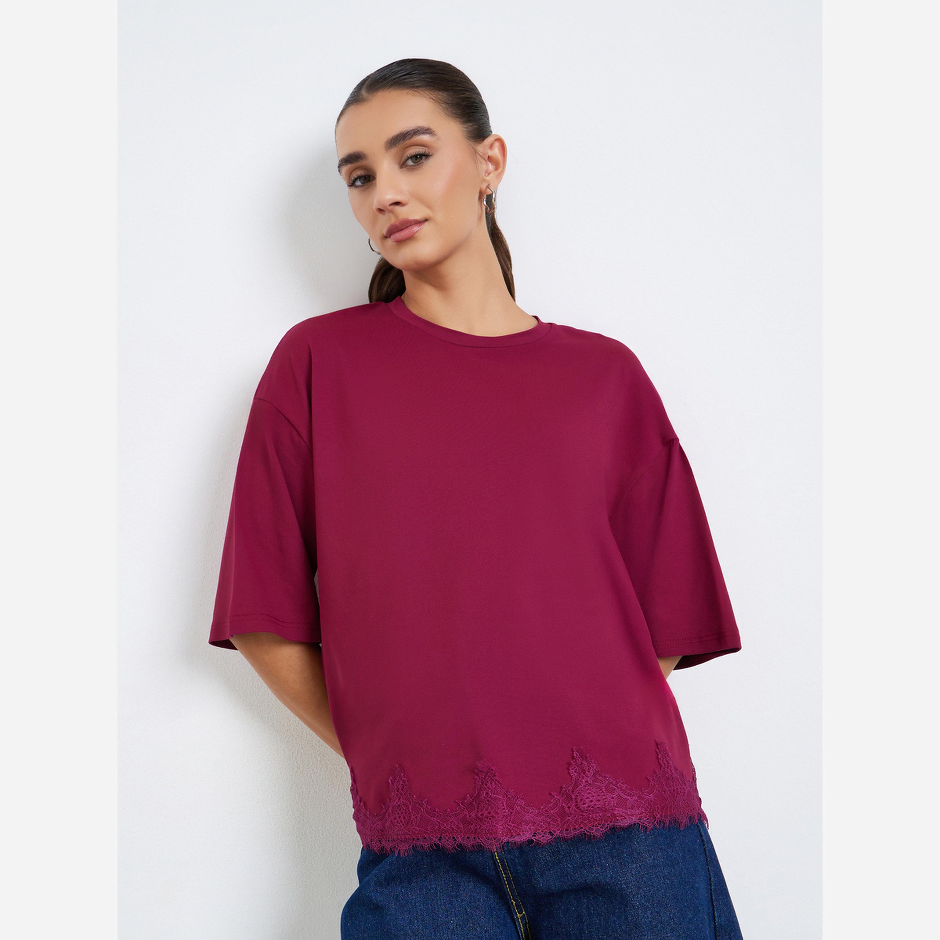 Styli Women Burgundy Lace Hem Oversized T-Shirt-women-clothing-tshirts-image-1