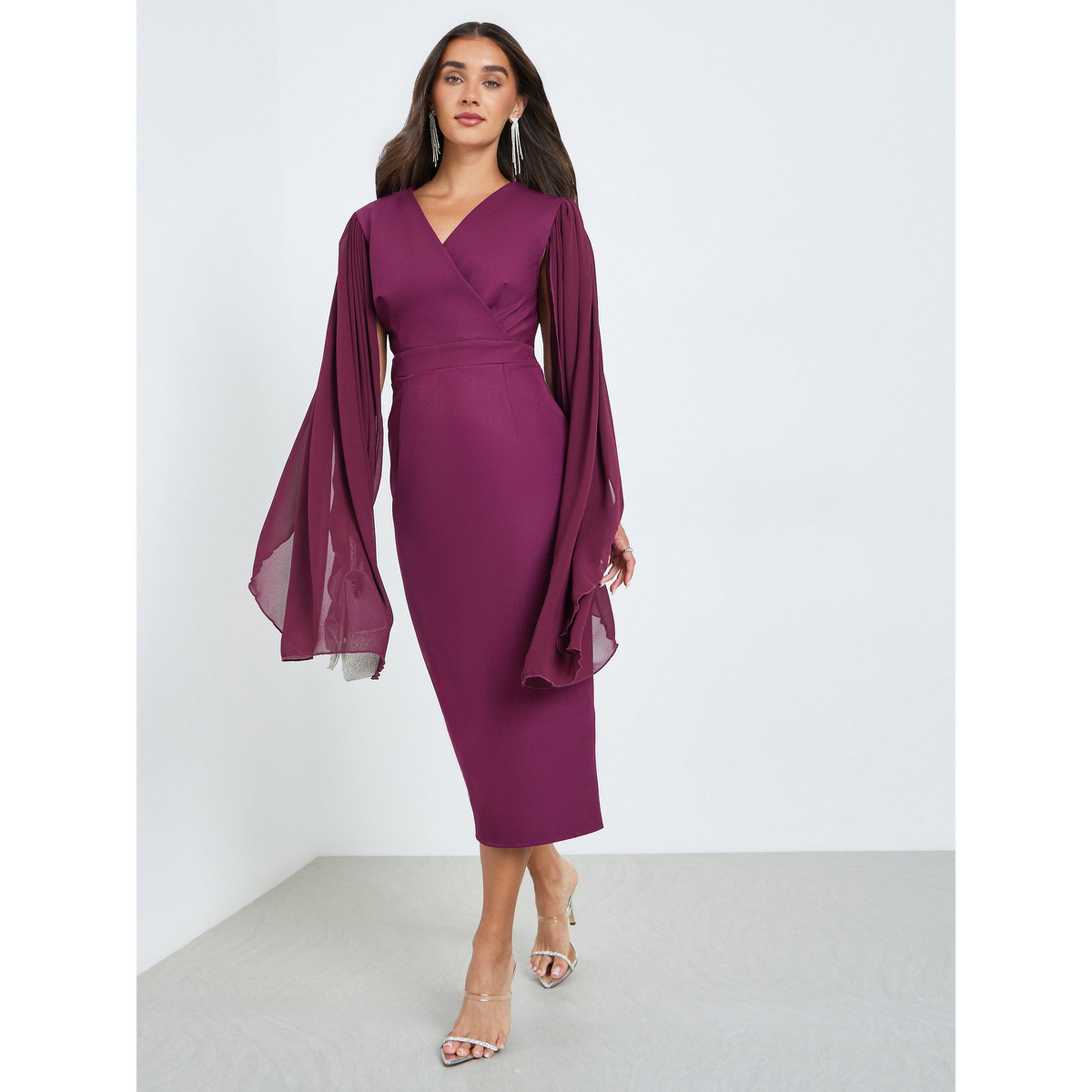 فستان ميدي ضيق بأكمام كيب بورغندي-women-clothing-dresses-image-1