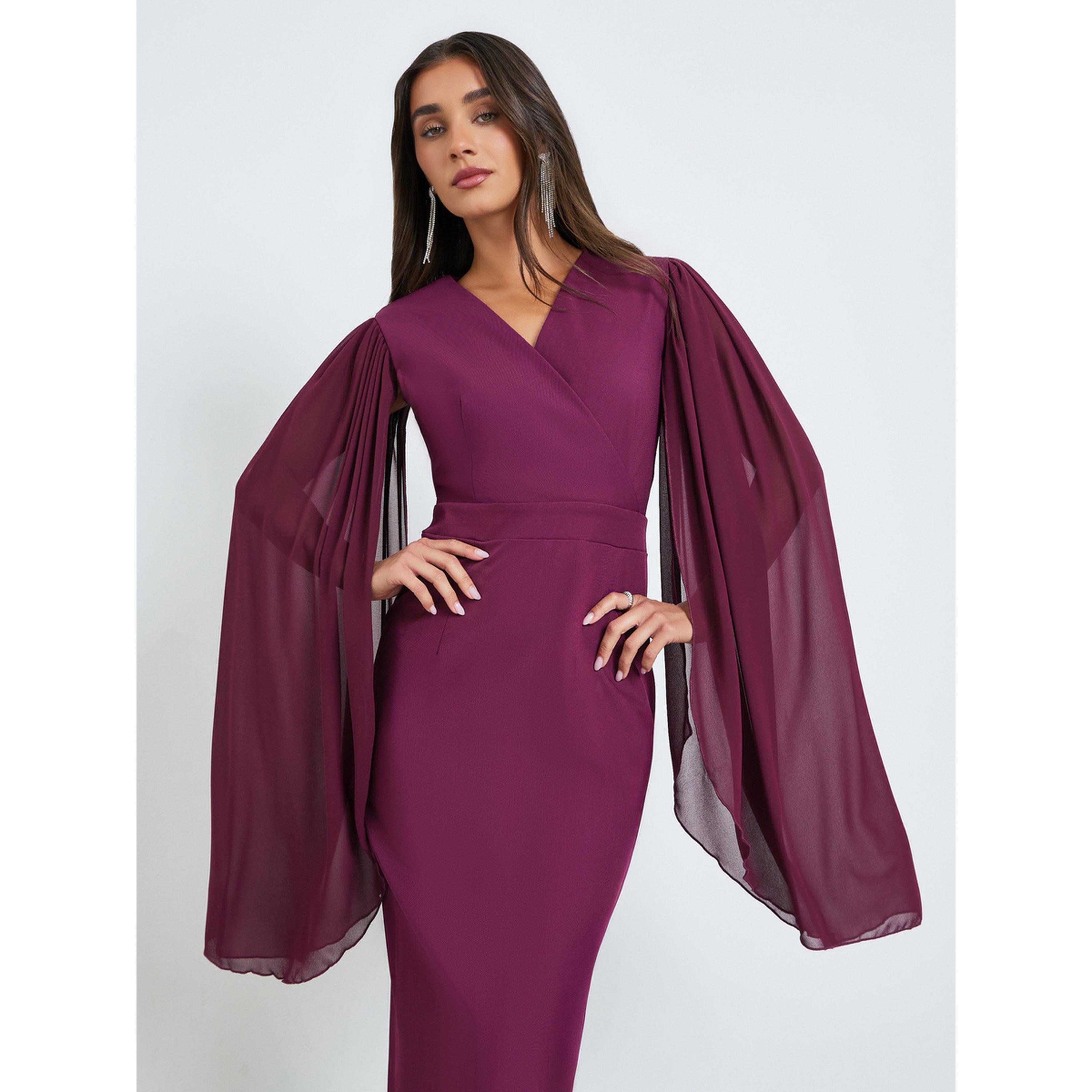 فستان ميدي ضيق بأكمام كيب بورغندي-women-clothing-dresses-image-2