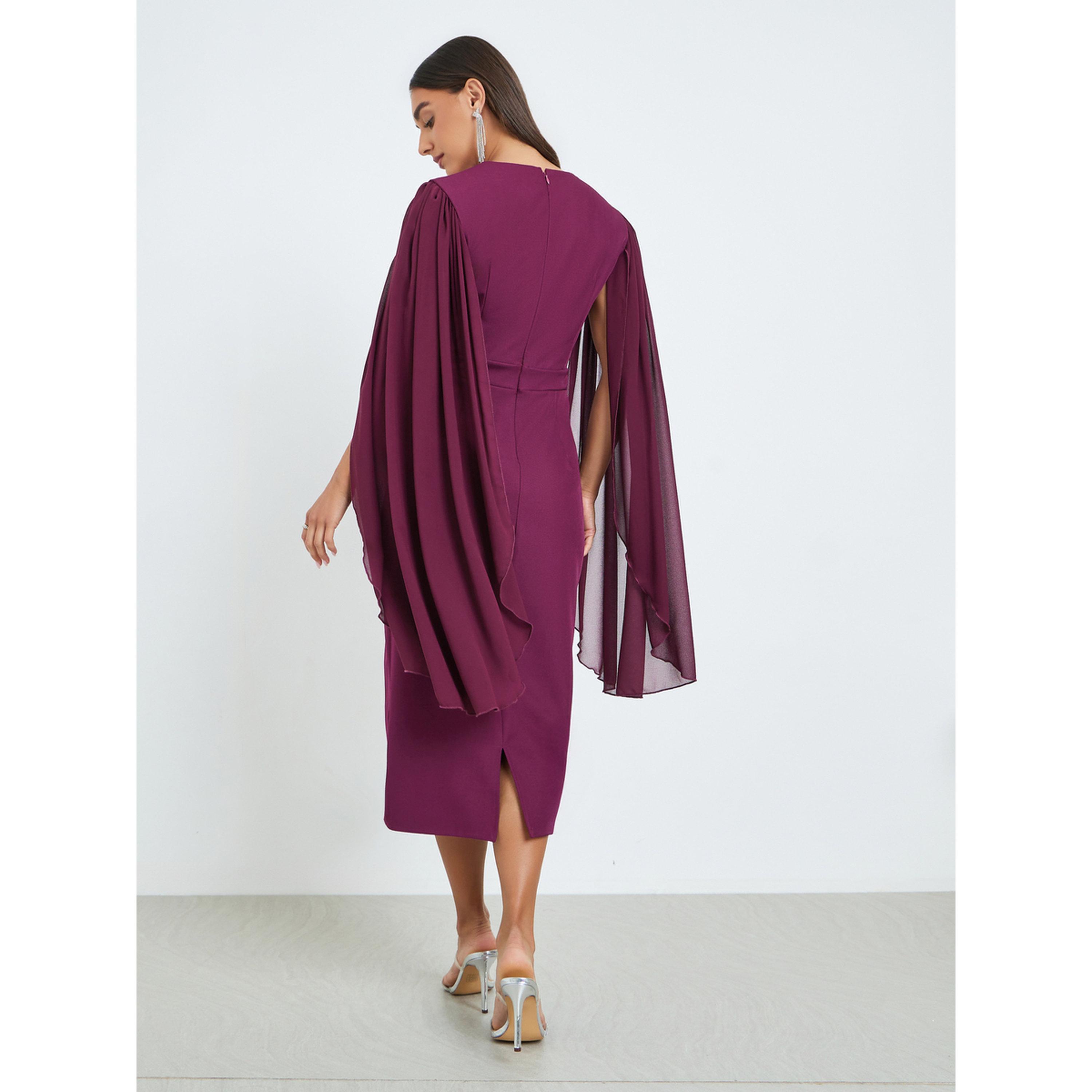 فستان ميدي ضيق بأكمام كيب بورغندي-women-clothing-dresses-image-3
