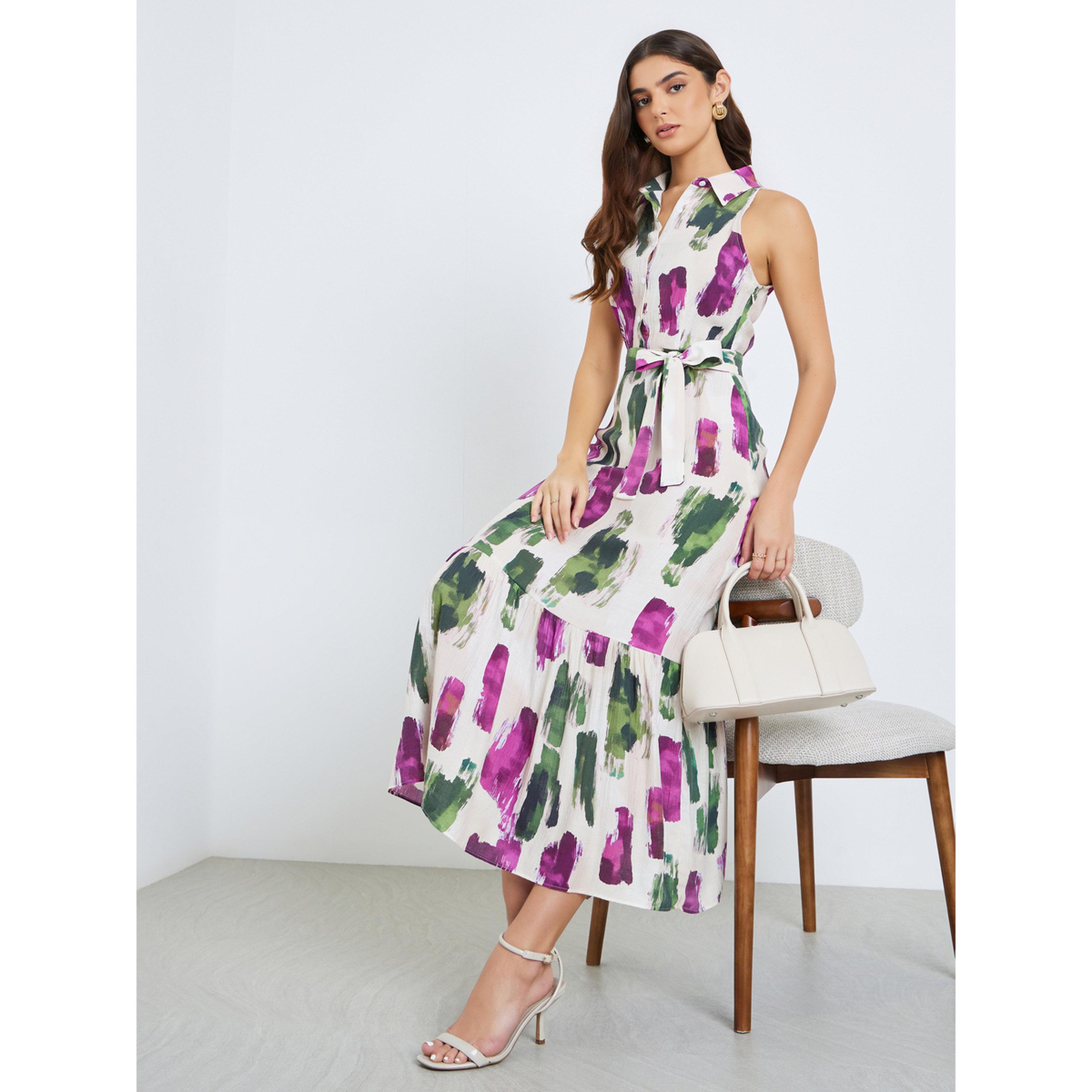 Styli Women Brushstroke Print Sleeveless Shirt Maxi Dress-women-clothing-dresses-image-3