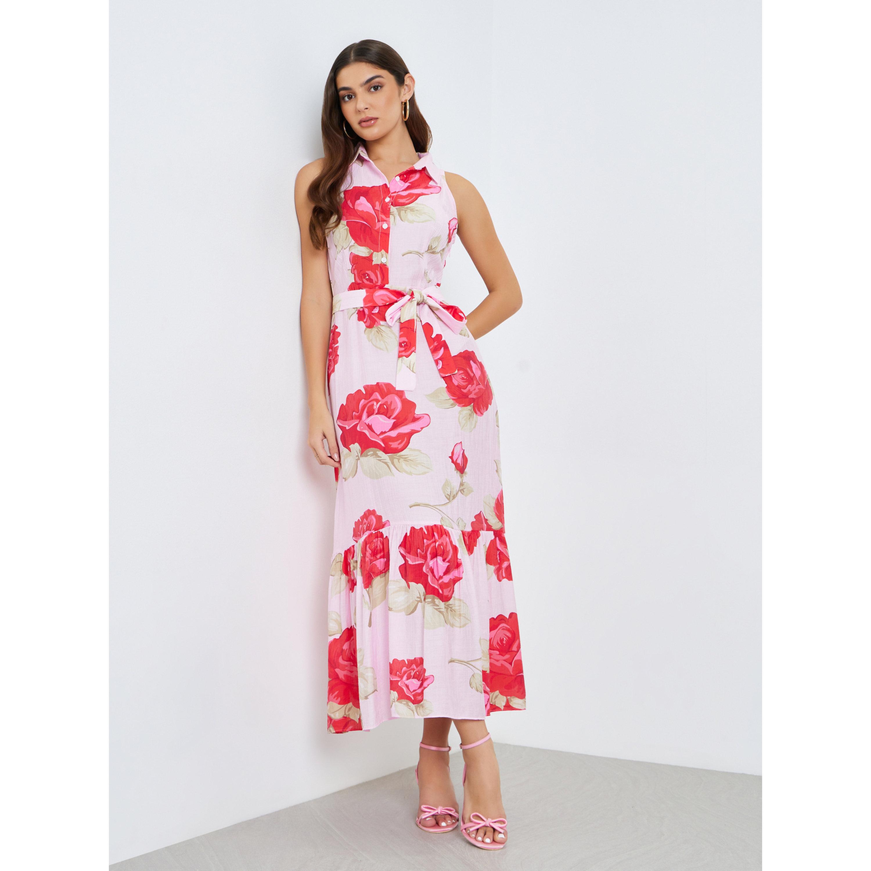 فستان طويل نسائي بتصميم قميص بلا أكمام وطبعة ورد-women-clothing-dresses-image-1