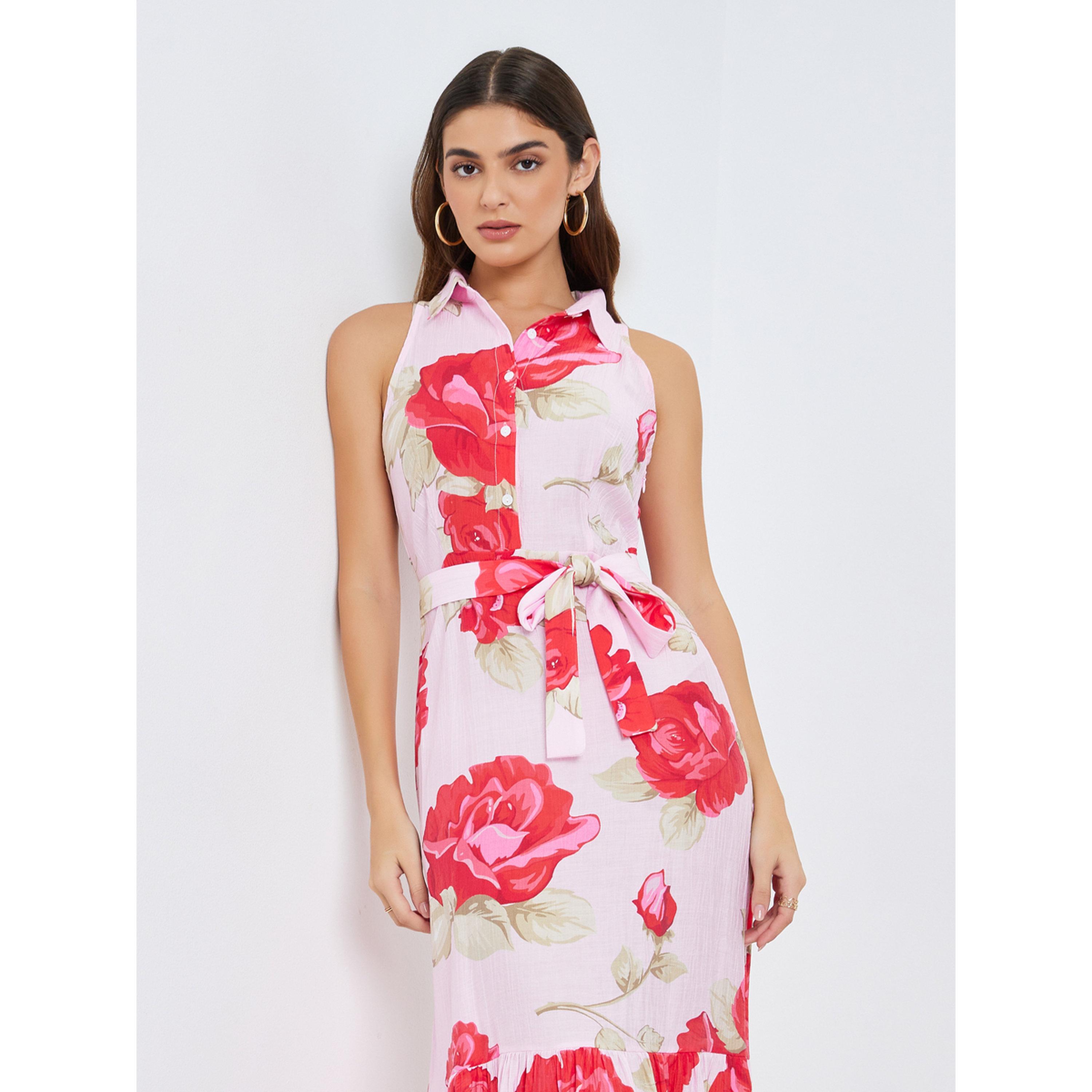 Styli Women Red Rose Print Sleeveless Shirt Maxi Dress-women-clothing-dresses-image-2