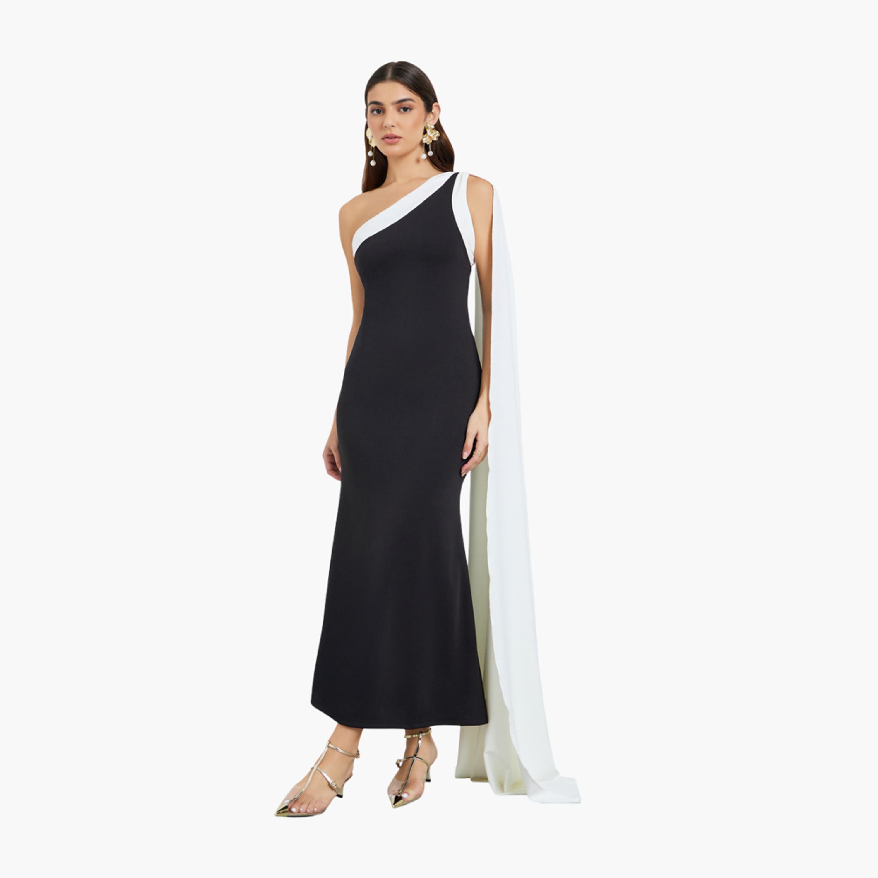 Styli Women Black Cape Detail Mermaid Maxi Dress-women-clothing-dresses-image-1