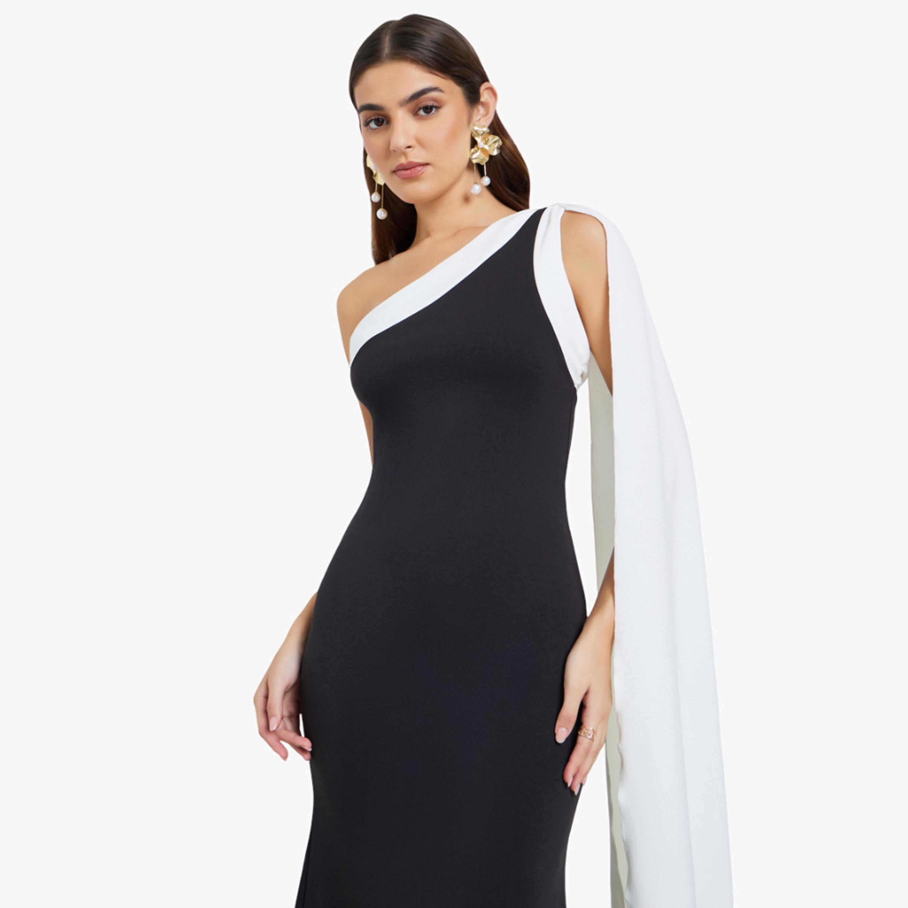 Styli Women Black Cape Detail Mermaid Maxi Dress-women-clothing-dresses-image-2