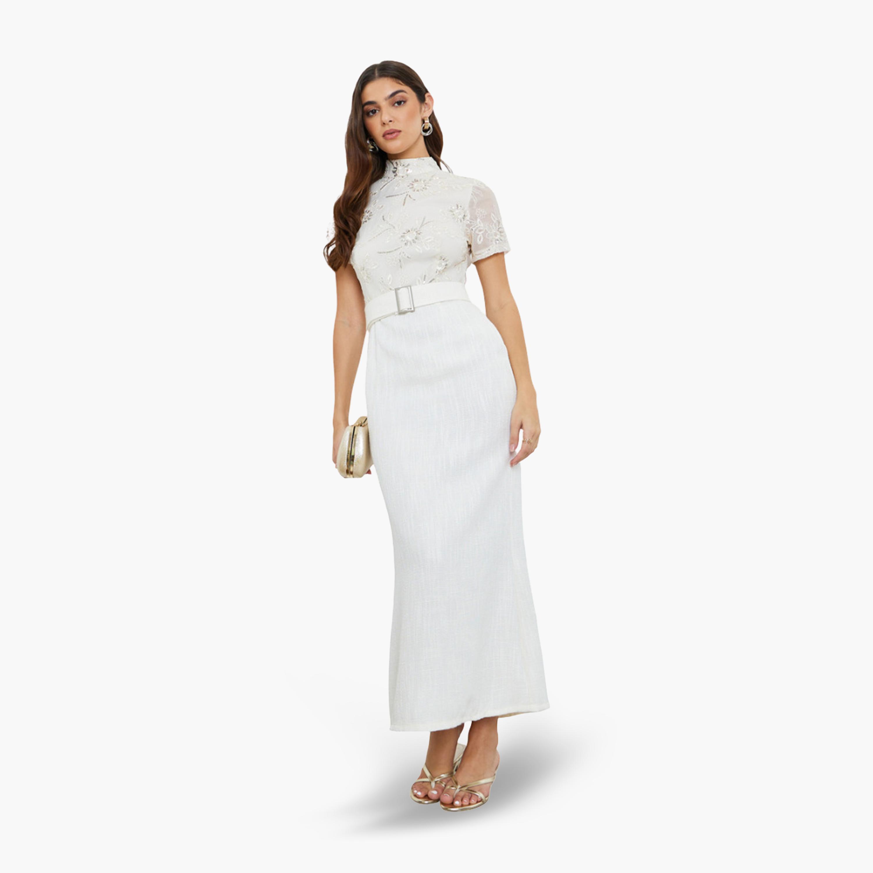 فستان طويل نسائي ضيق من الدانتيل بأكمام قصيرة-women-clothing-dresses-image-1