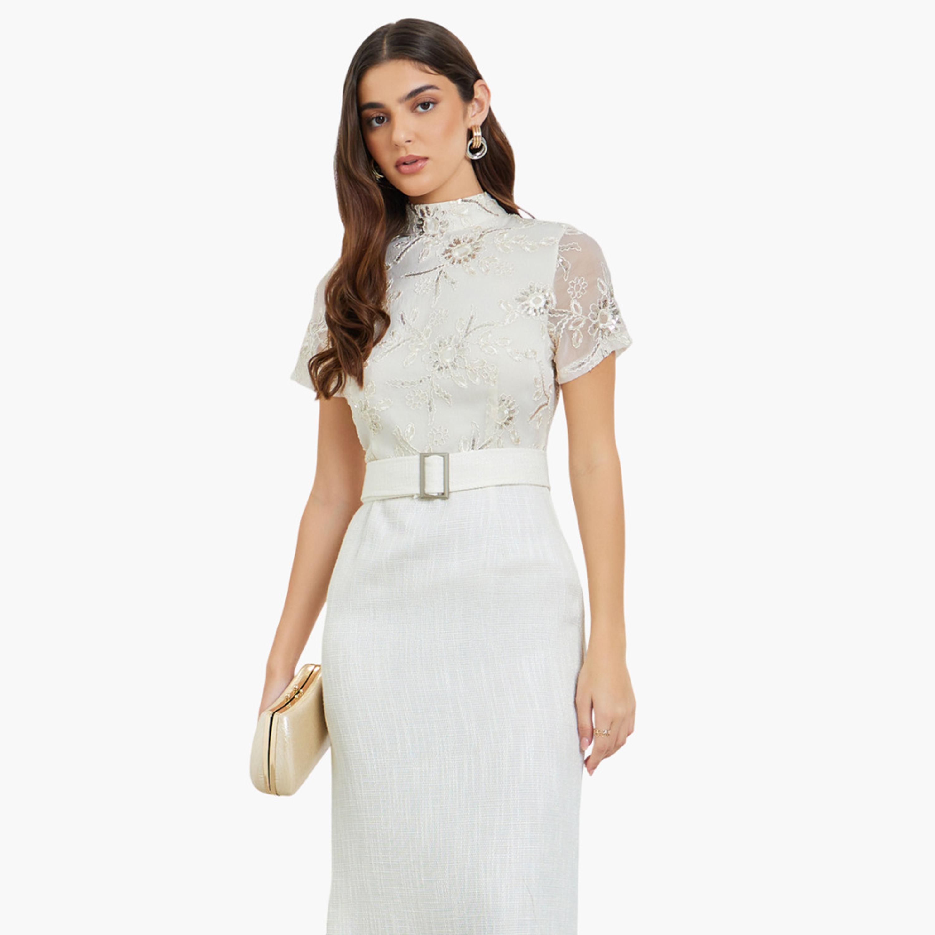 فستان طويل نسائي ضيق من الدانتيل بأكمام قصيرة-women-clothing-dresses-image-2