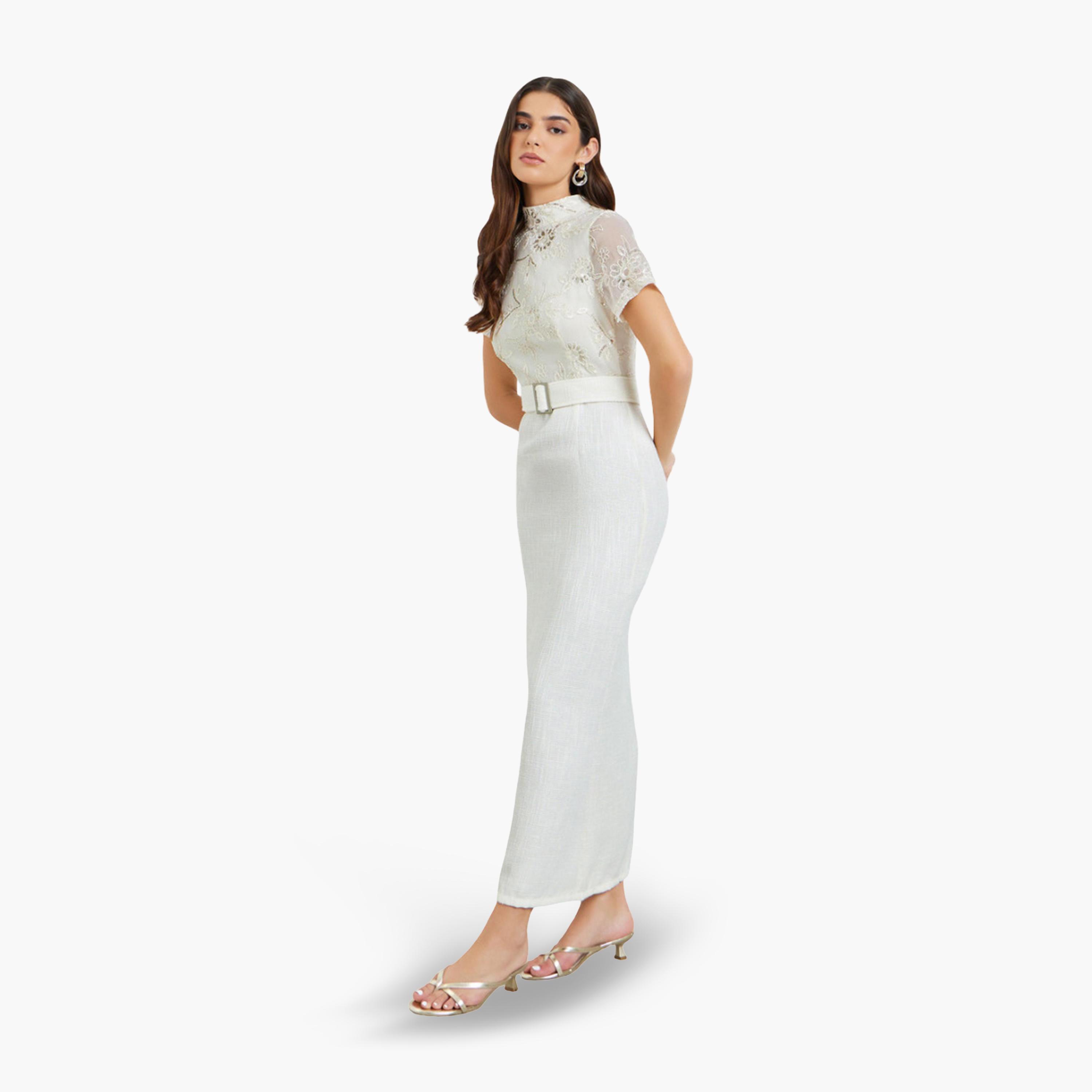 فستان طويل نسائي ضيق من الدانتيل بأكمام قصيرة-women-clothing-dresses-image-3