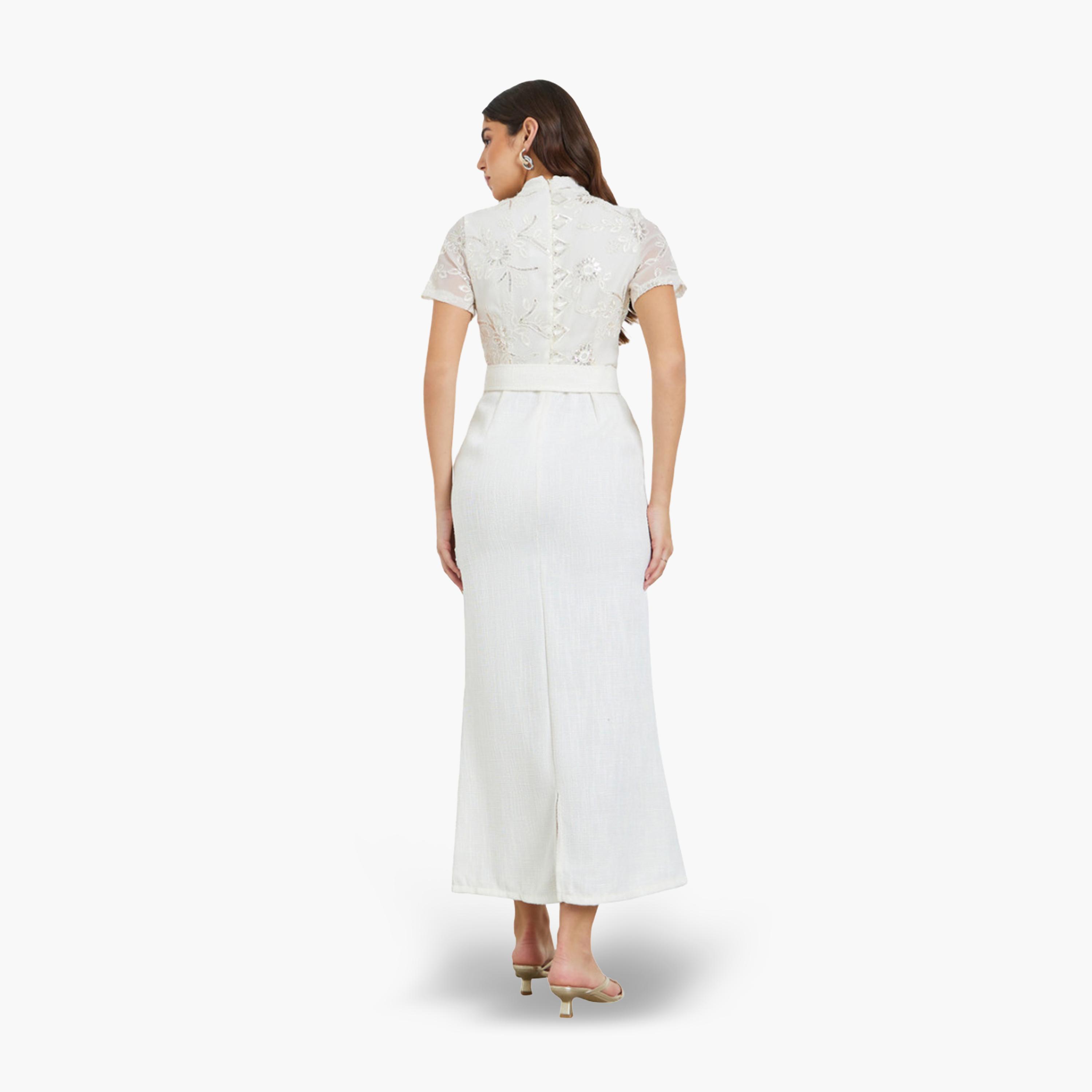 فستان طويل نسائي ضيق من الدانتيل بأكمام قصيرة-women-clothing-dresses-image-4