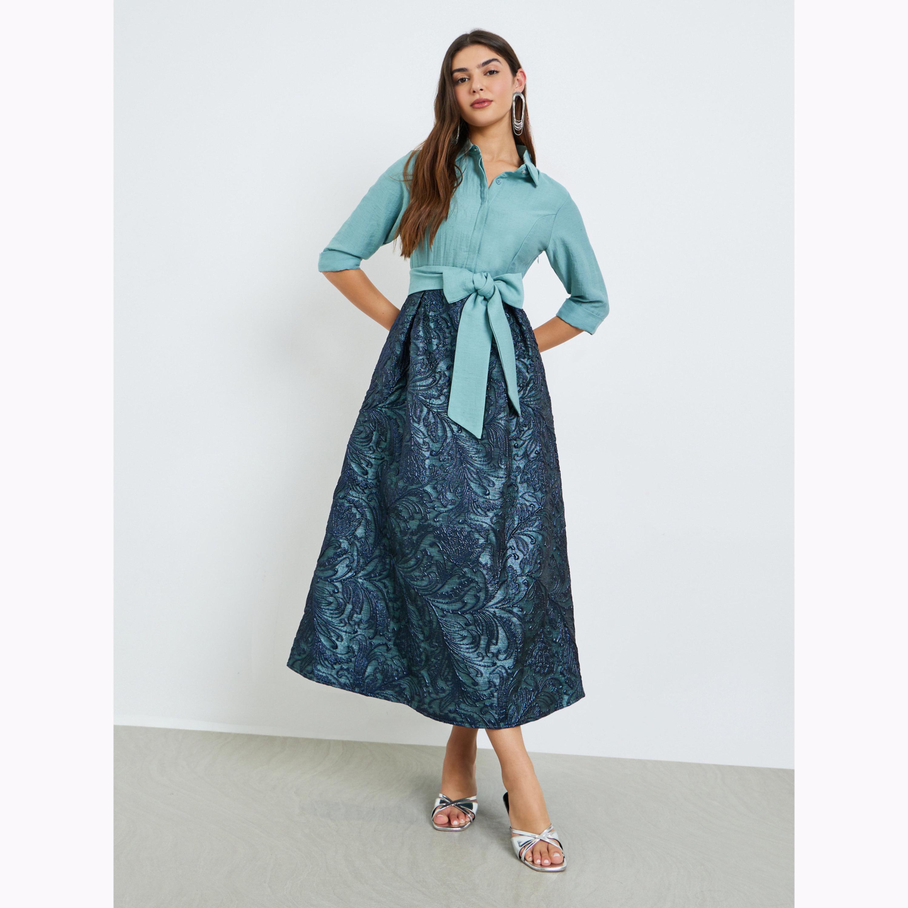 Styli Blue Jacquard Maxi Dress with 3/4 Sleeves-women-clothing-dresses-image-1