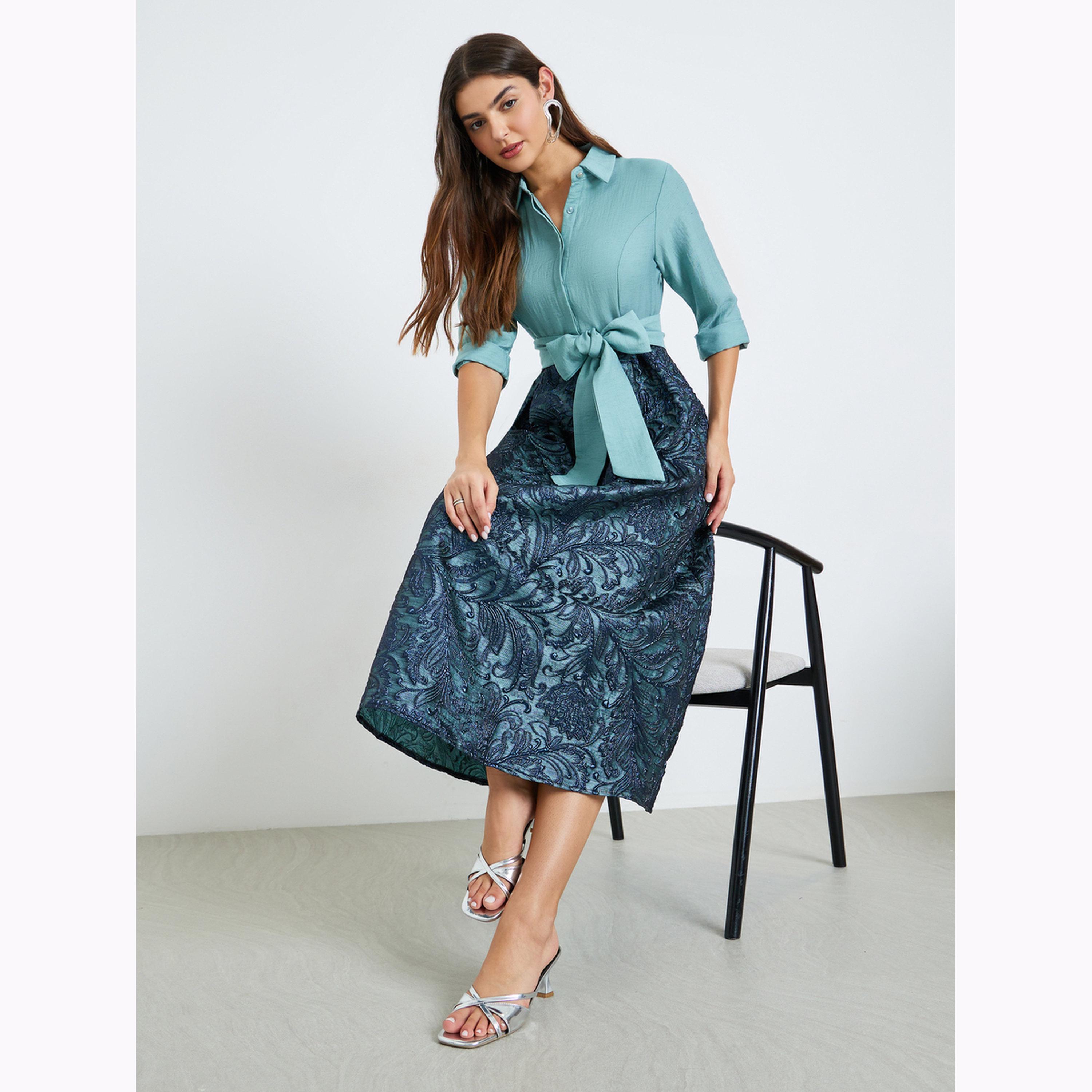 Styli Blue Jacquard Maxi Dress with 3/4 Sleeves-women-clothing-dresses-image-2