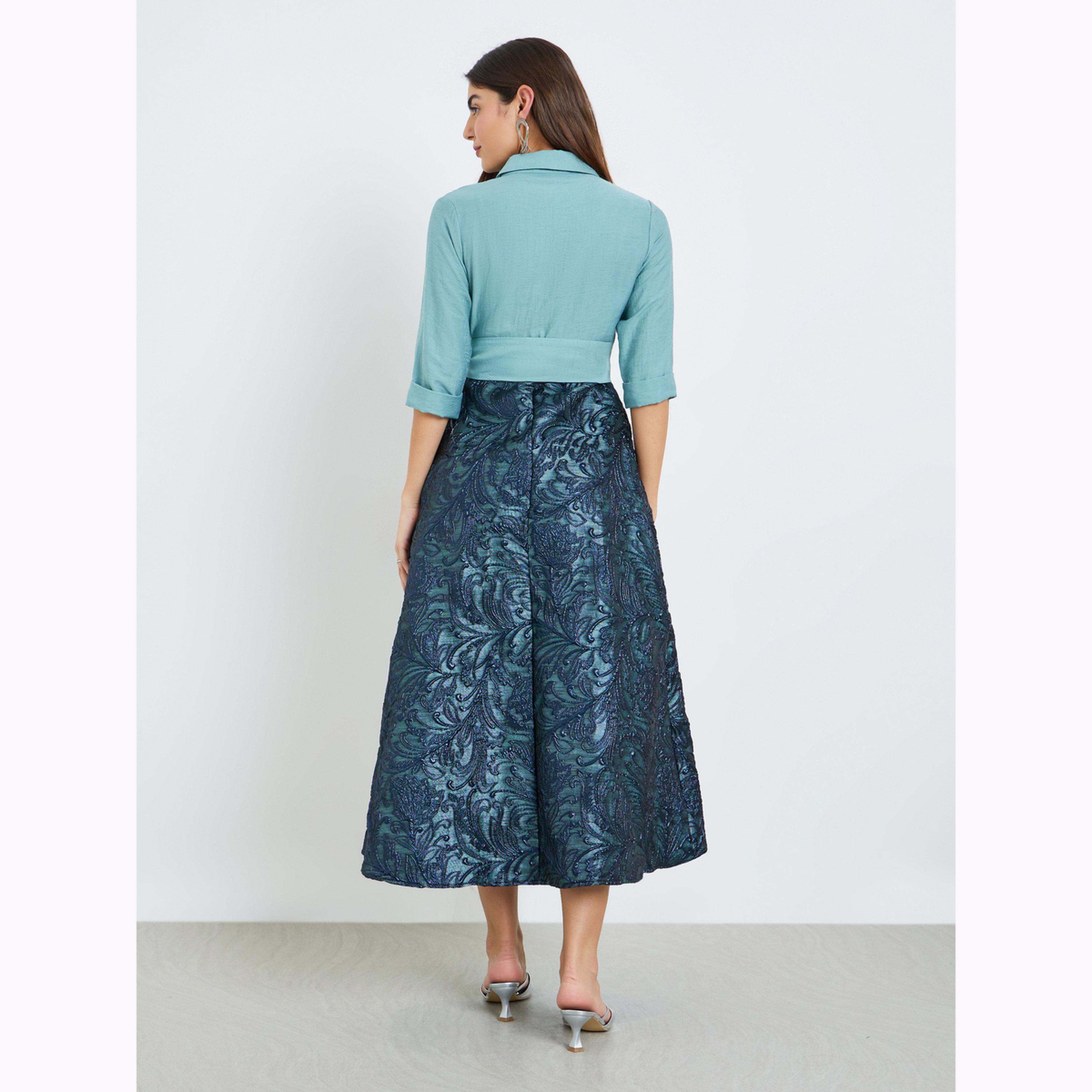 Styli Blue Jacquard Maxi Dress with 3/4 Sleeves-women-clothing-dresses-image-4