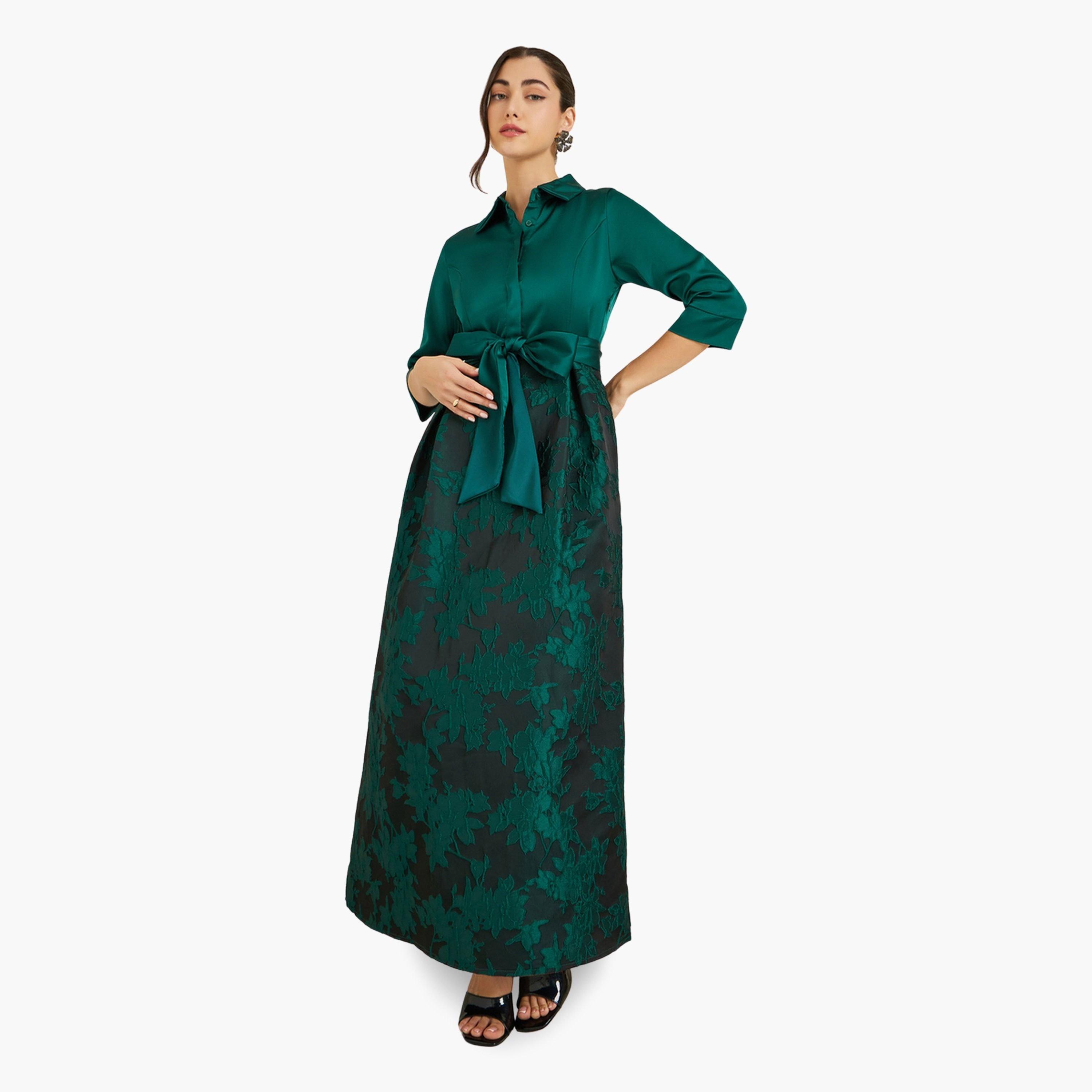 فستان طويل بطبعة زهور وربطة بحافة واسعة-women-clothing-dresses-image-1