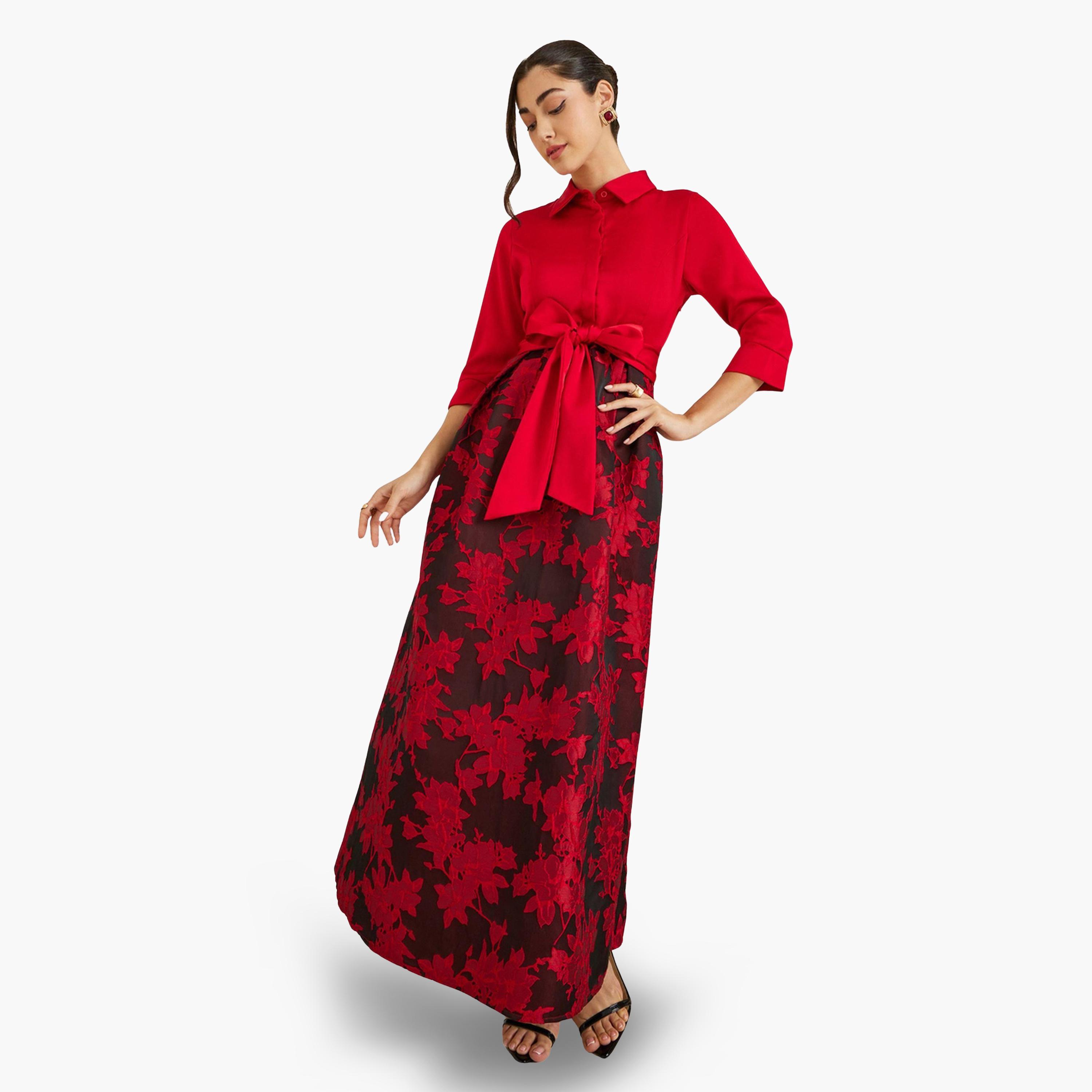 فستان طويل بطبعة زهور وربطة بحافة واسعة-women-clothing-dresses-image-1