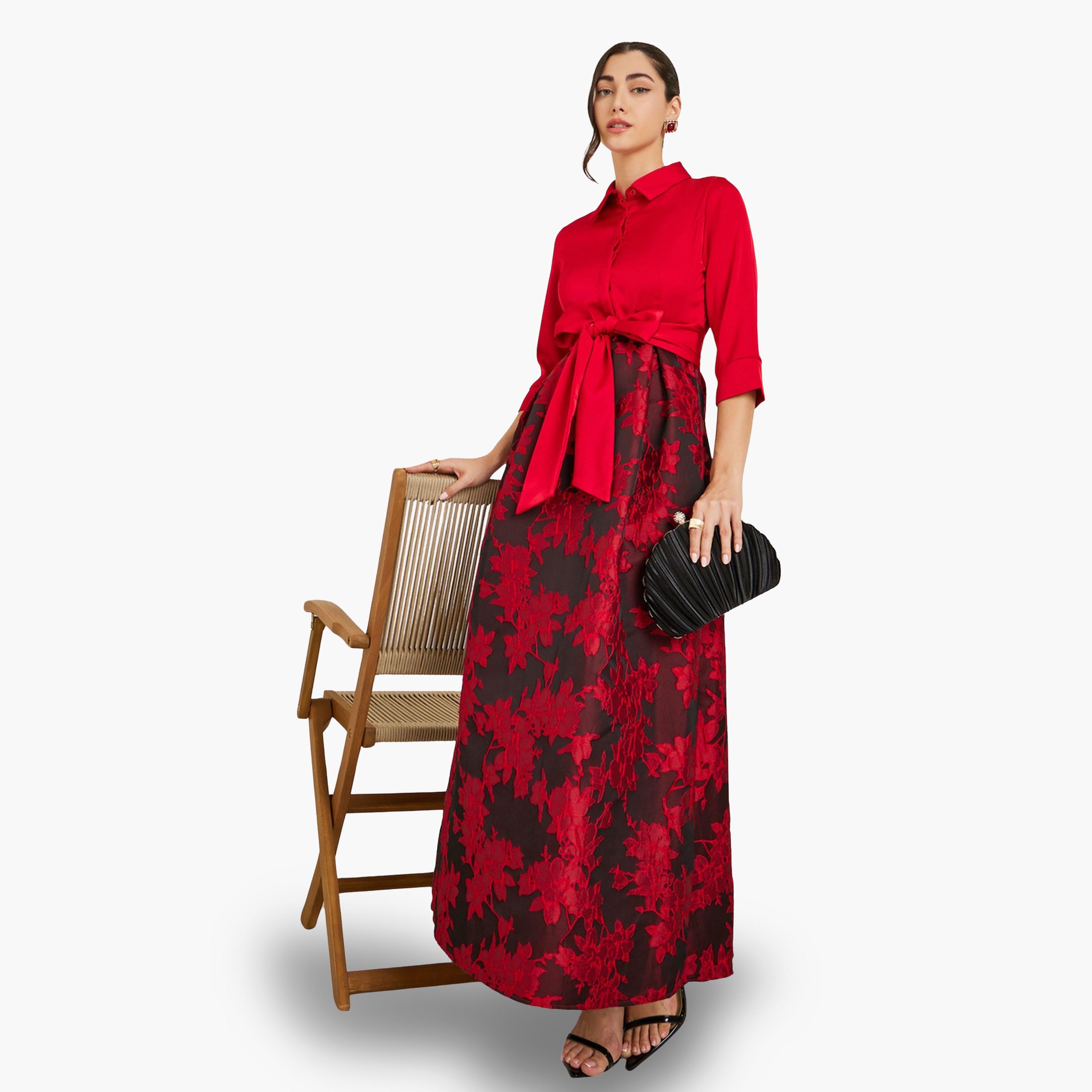 فستان طويل بطبعة زهور وربطة بحافة واسعة-women-clothing-dresses-image-3