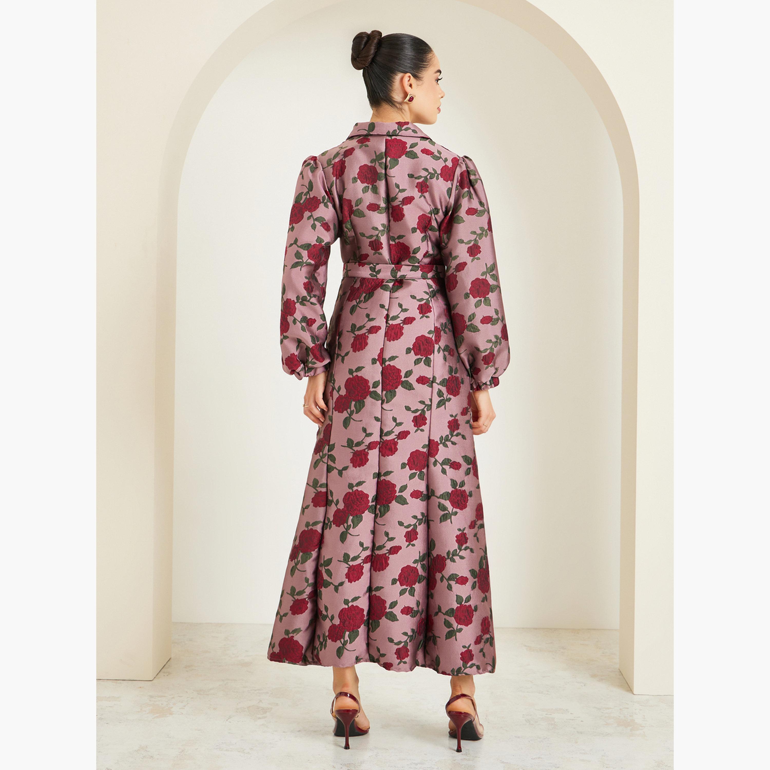 فستان طويل مطبع بزهور بحافة واسعة وأكمام طويلة-women-clothing-dresses-image-4