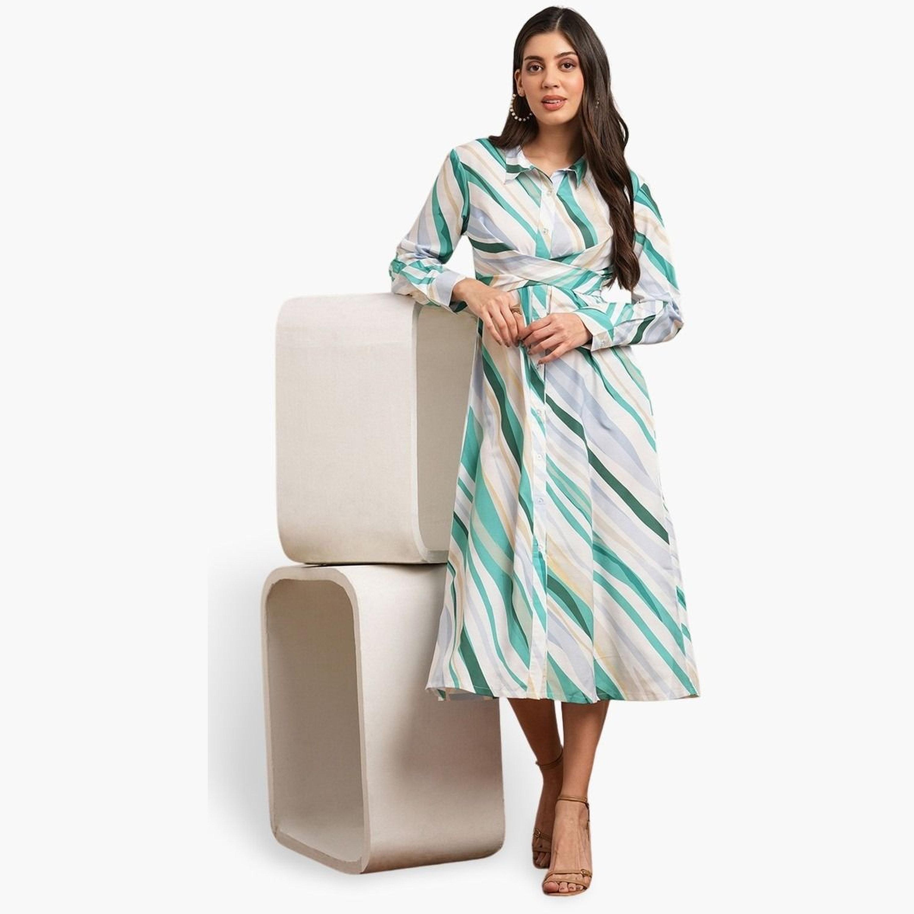 Globus X Styli Green Collared Neck Abstract Print Midi Shirt Dress-women-clothing-dresses-image-1