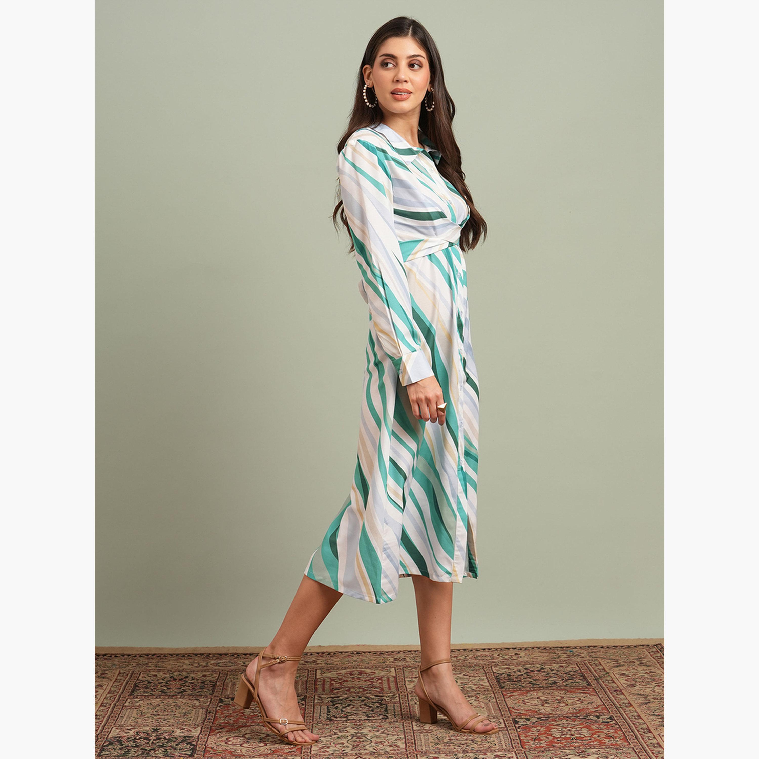 غلوبوص × ستايلي - فستان قميص متوسط ​​الطول بطبعة تجريدية وياقة دائرية باللون الأخضر-women-clothing-dresses-image-2