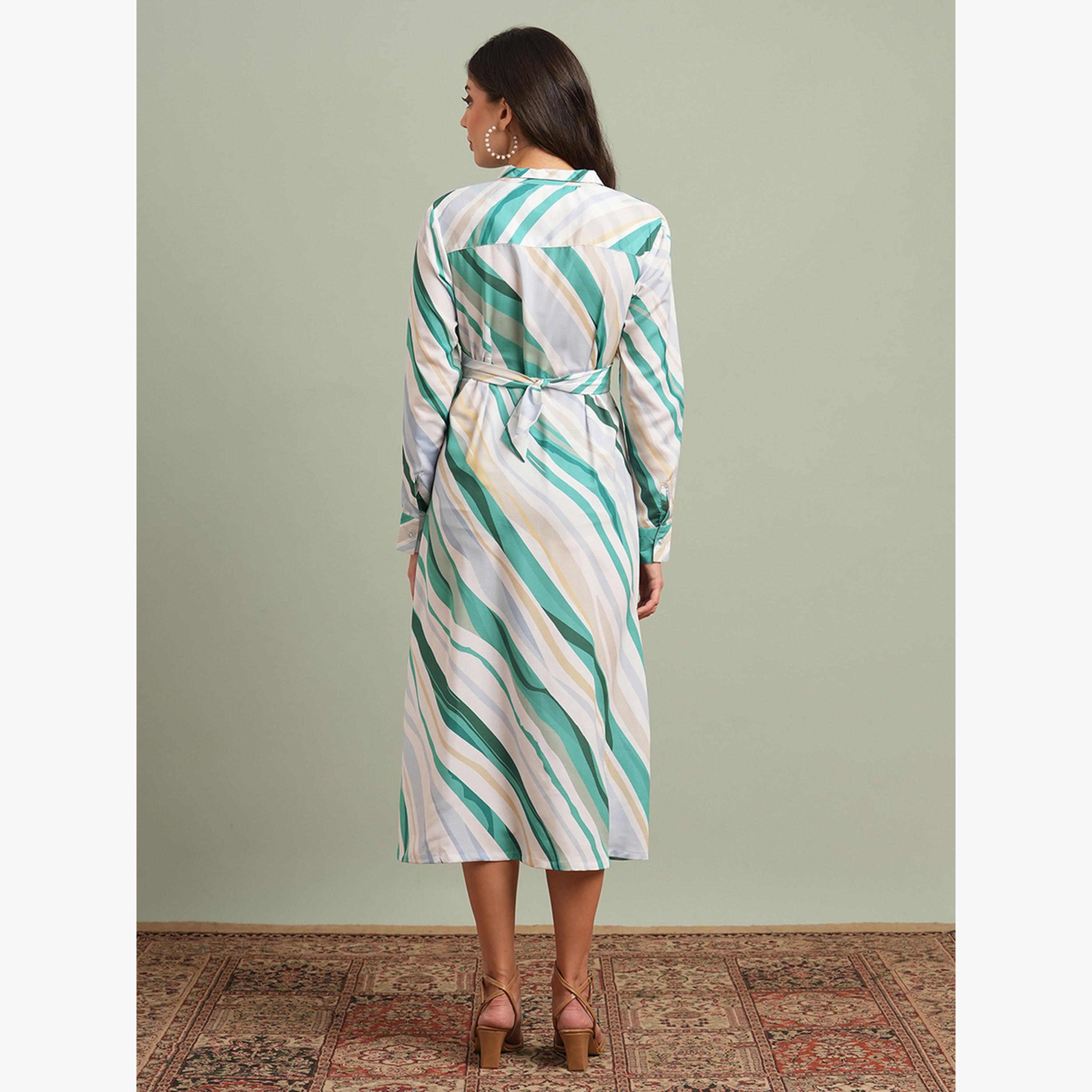 غلوبوص × ستايلي - فستان قميص متوسط ​​الطول بطبعة تجريدية وياقة دائرية باللون الأخضر-women-clothing-dresses-image-3