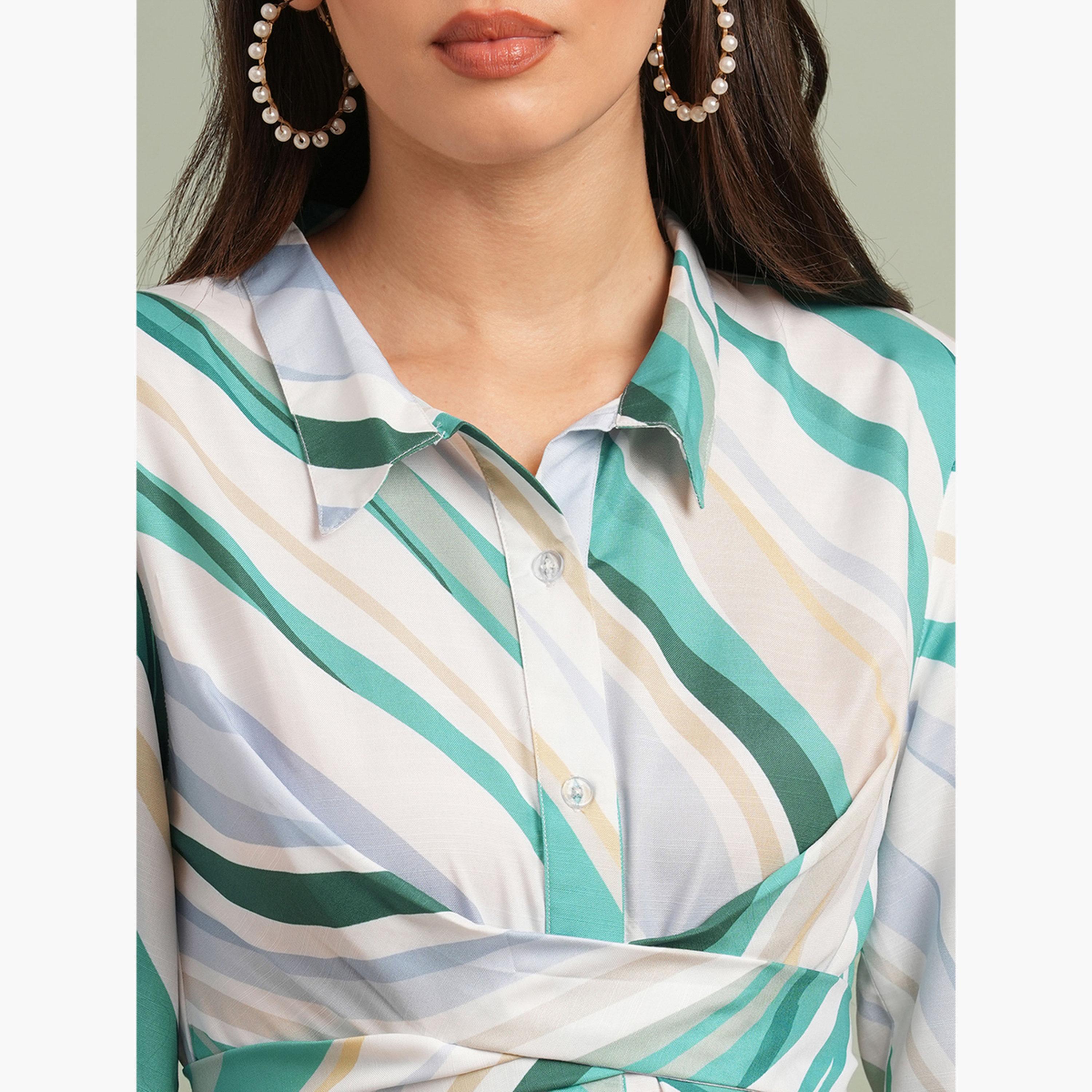 Globus X Styli Green Collared Neck Abstract Print Midi Shirt Dress-women-clothing-dresses-image-4