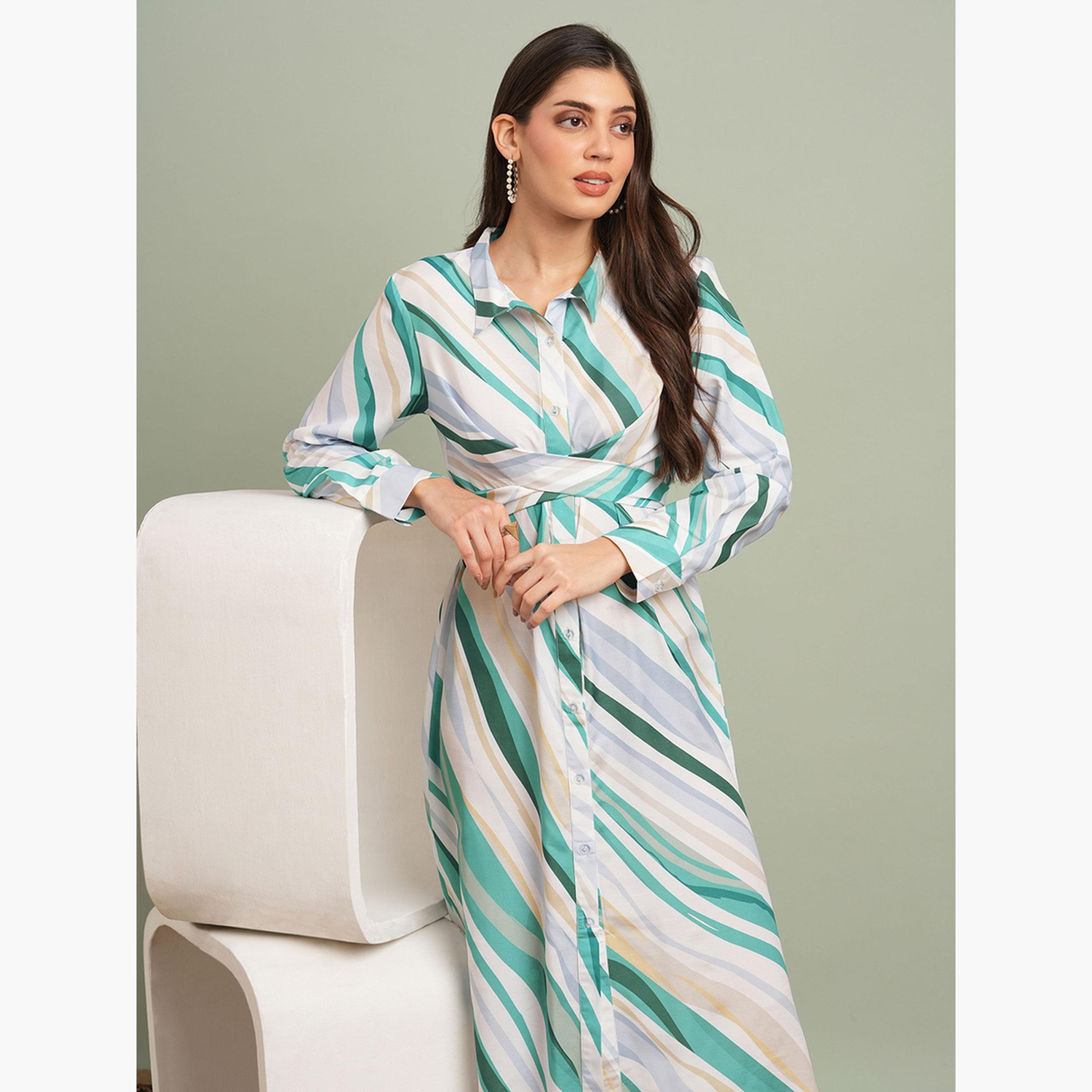 Globus X Styli Green Collared Neck Abstract Print Midi Shirt Dress-women-clothing-dresses-image-5