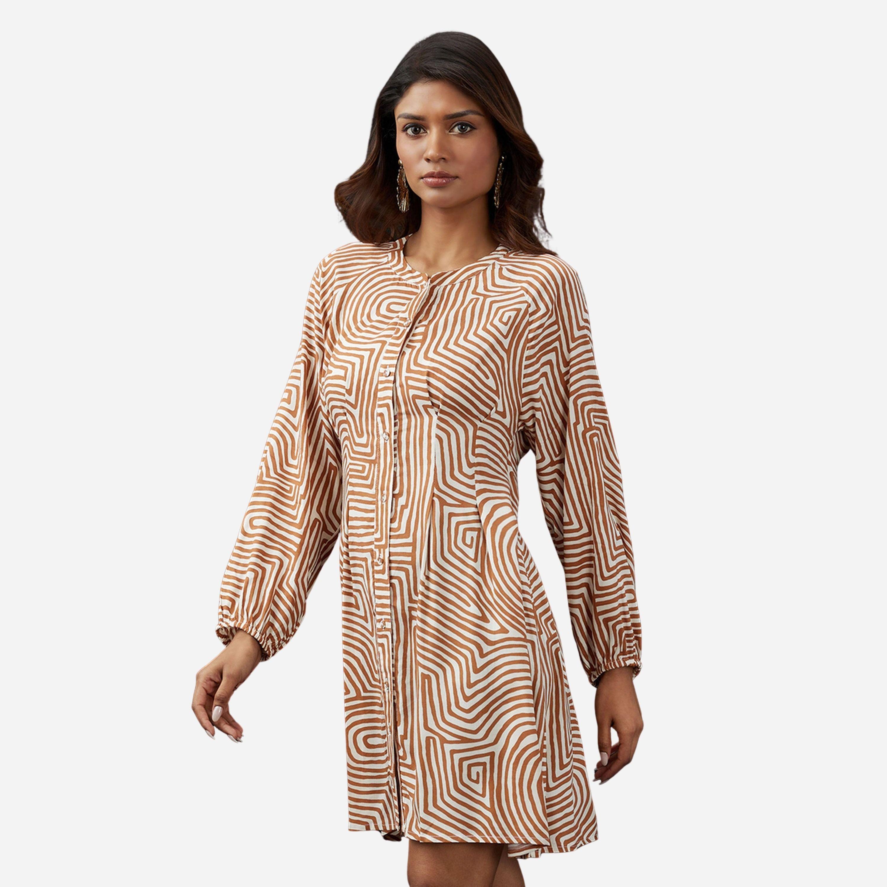 Globus X Styli Brown Mandarin Collar Abstract Print Mini Dress-women-clothing-dresses-image-1