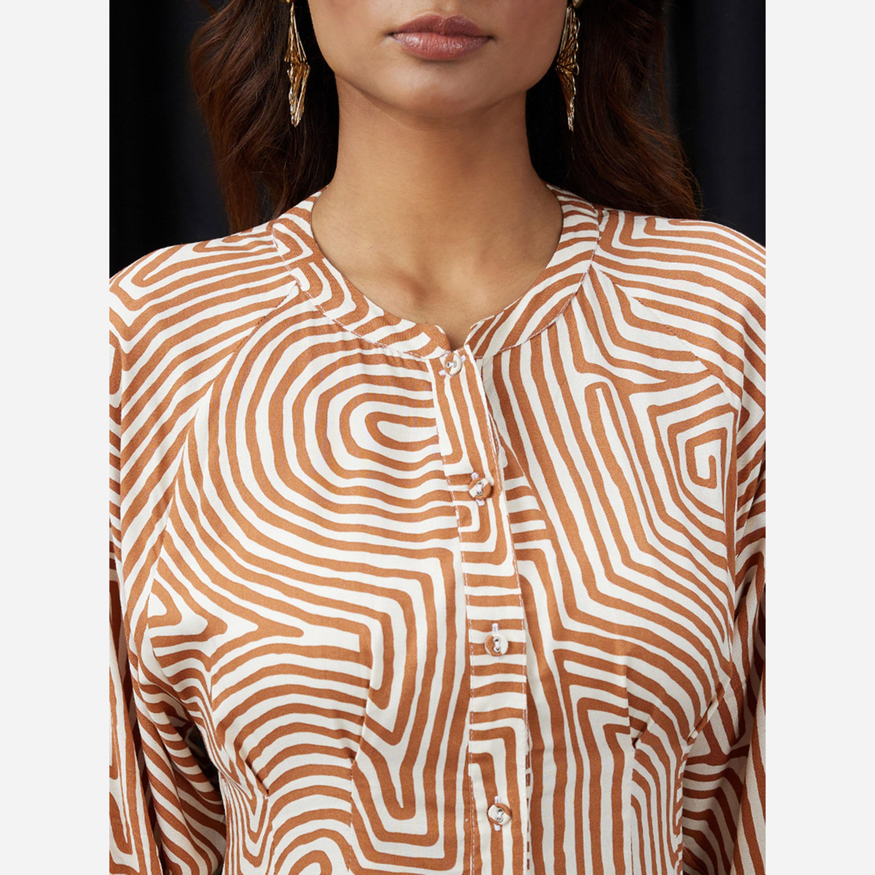 Globus X Styli Brown Mandarin Collar Abstract Print Mini Dress-women-clothing-dresses-image-4