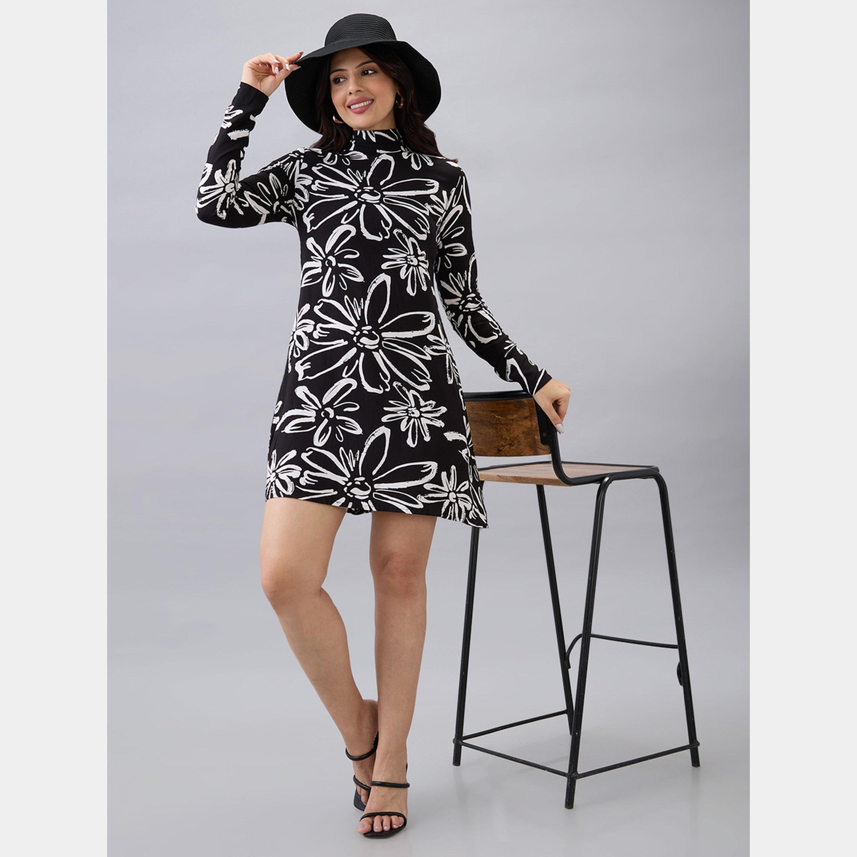 Globus X Styli Black Floral Print High Neck Long Sleeves Women's A-line Mini Dress-women-clothing-dresses-image-2