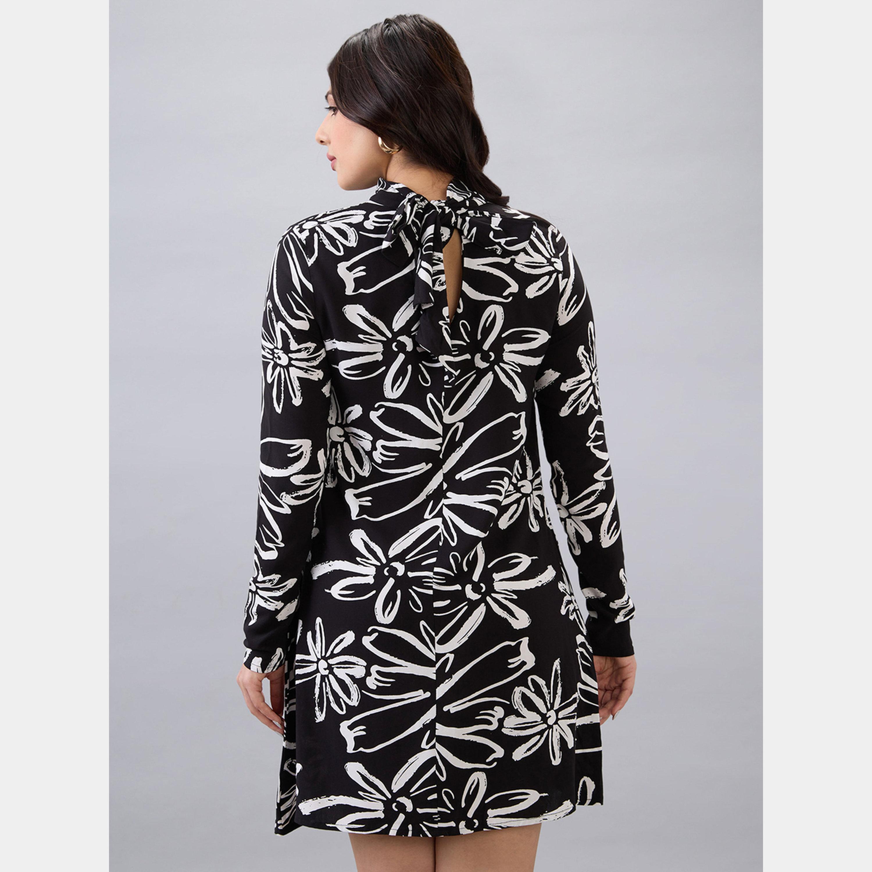 Globus X Styli Black Floral Print High Neck Long Sleeves Women's A-line Mini Dress-women-clothing-dresses-image-3