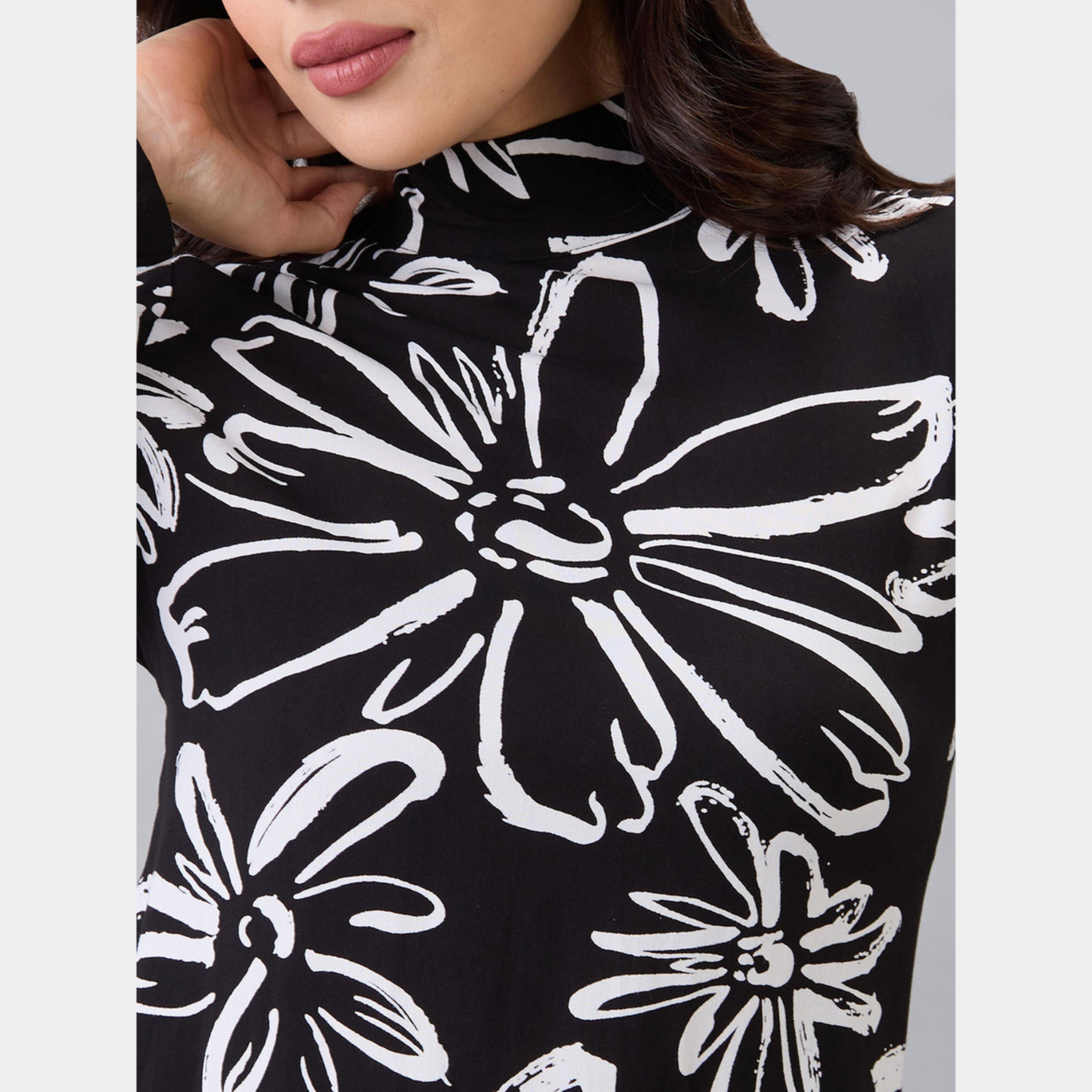 Globus X Styli Black Floral Print High Neck Long Sleeves Women's A-line Mini Dress-women-clothing-dresses-image-4